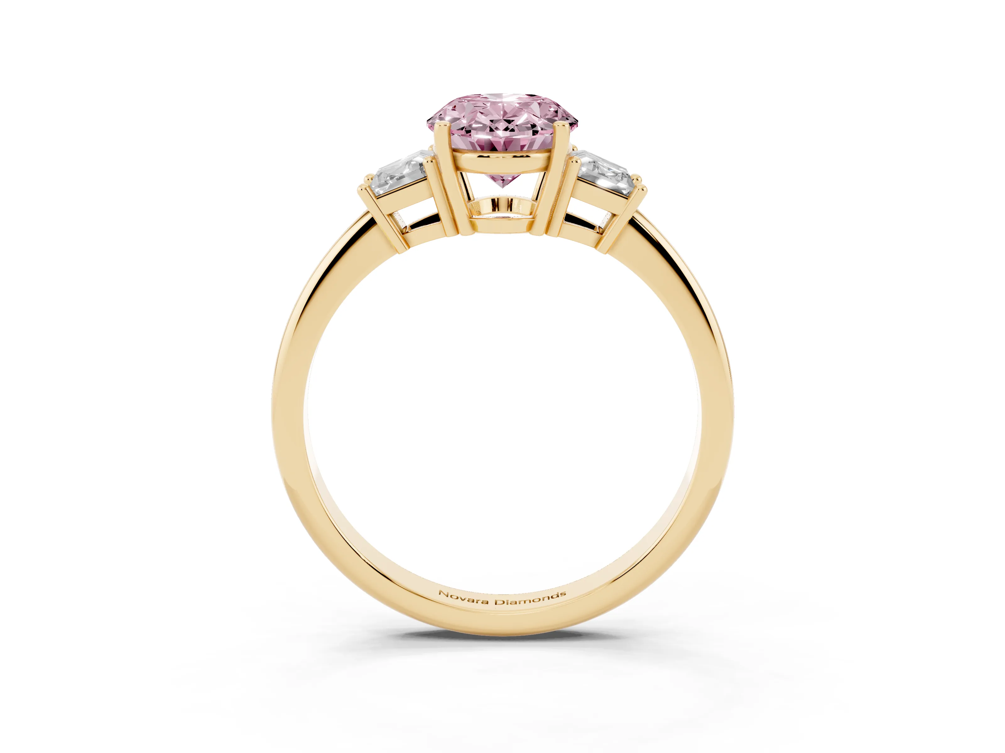 Fancy Pink Oval Cut Diamond Three-Stone Ring Set in Yellow gold with Trapezoid Side Stones and Prong Setting