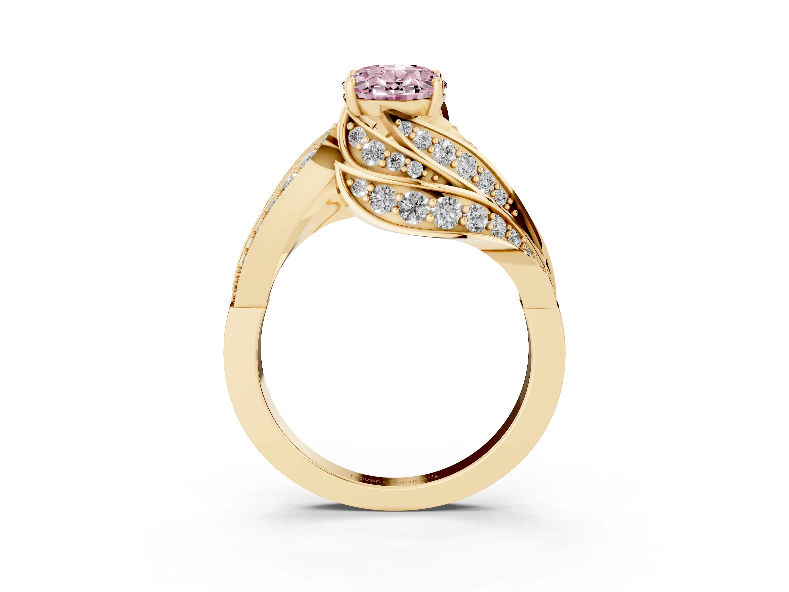 Fancy Pink Oval Cut Diamond Solitaire Ring Set in Yellow gold with Layered Twist Pavé Band