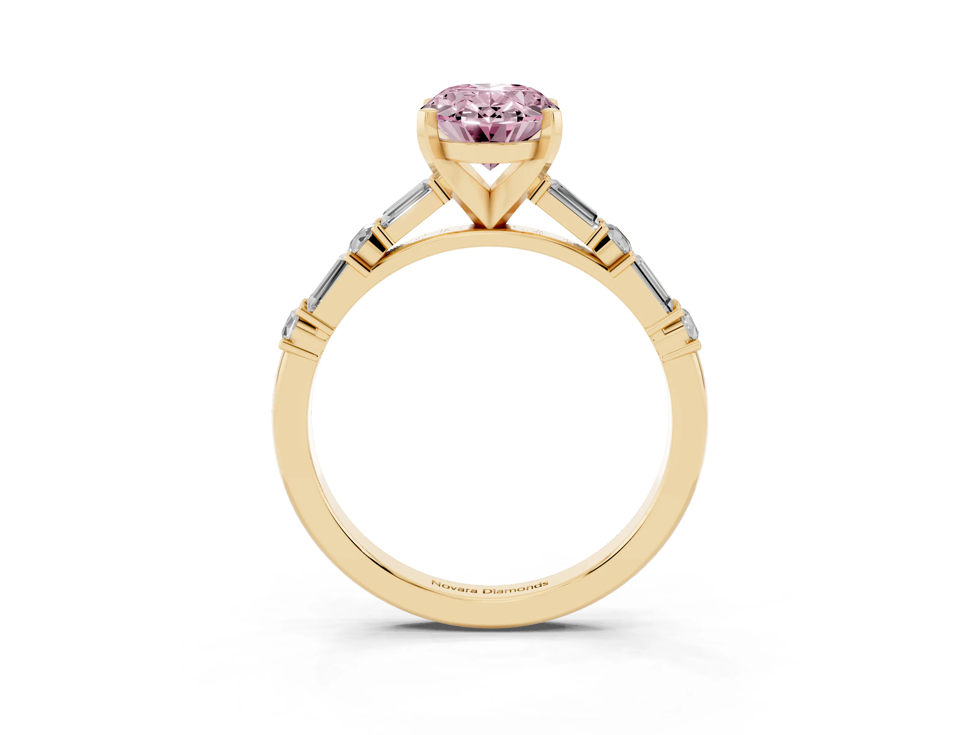 Fancy Pink Oval Cut Diamond Solitaire Set in Yellow gold with Side Baguettes and Channel Set Band