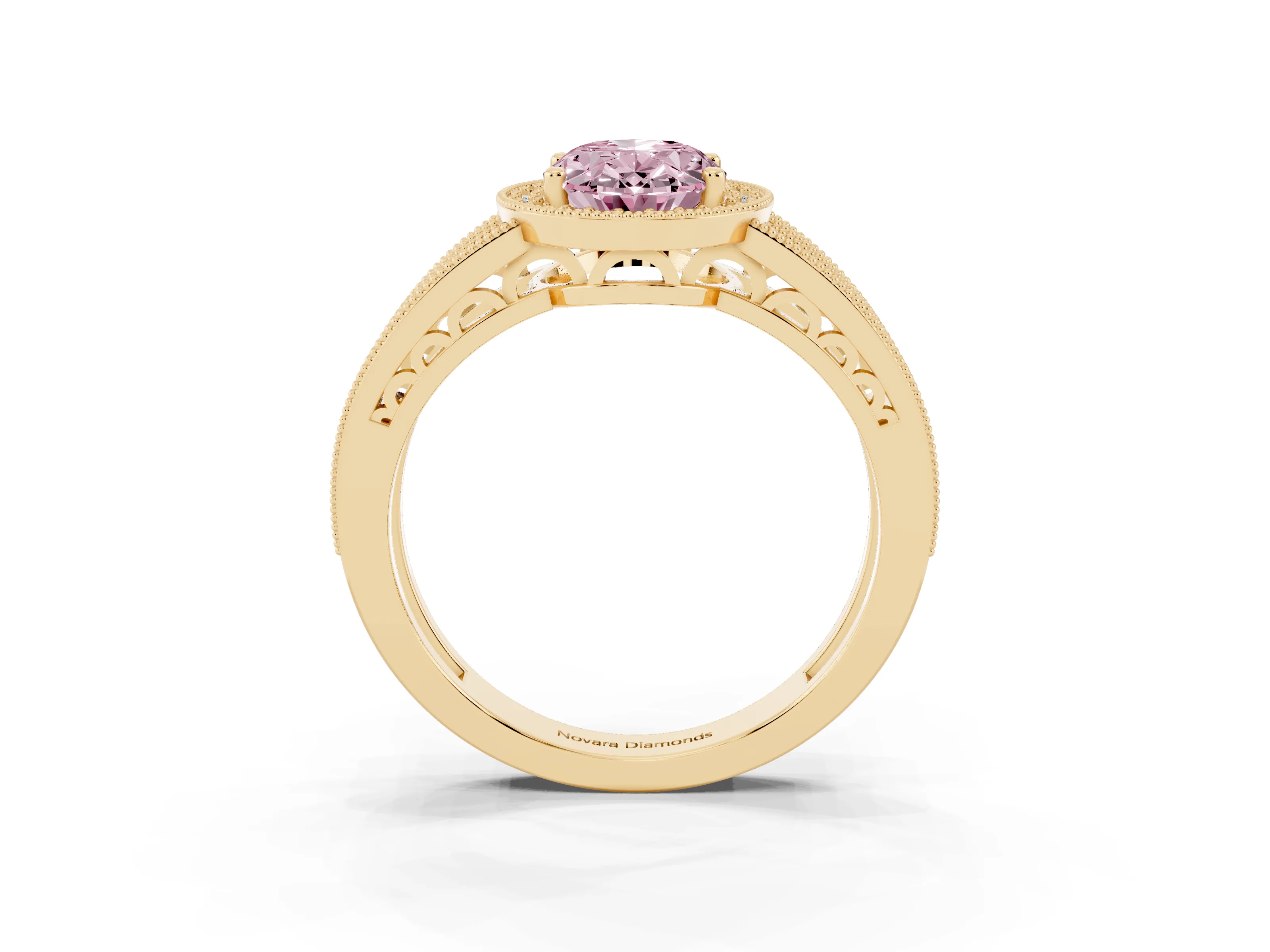 Fancy Pink Oval Cut Diamond Halo Ring Set in Yellow gold with Accent Split Shank and Prong Setting