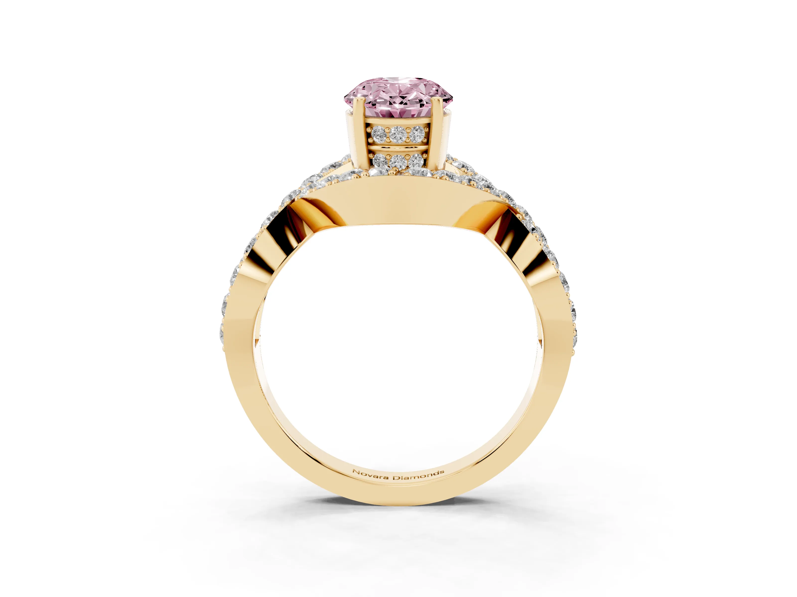 Fancy Pink Oval Cut Diamond Solitaire Twist Band Pavé Engagement Ring Set in Yellow gold