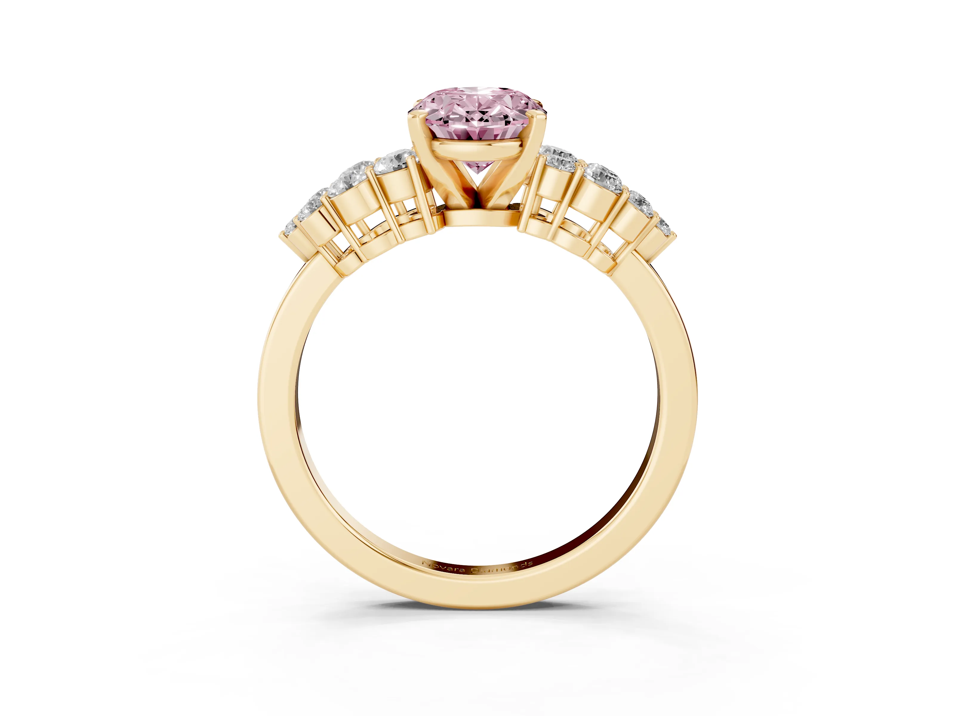 Fancy Pink Oval Cut Diamond Cluster Engagement Ring Set in Yellow gold with Pavé Band and Prong Setting