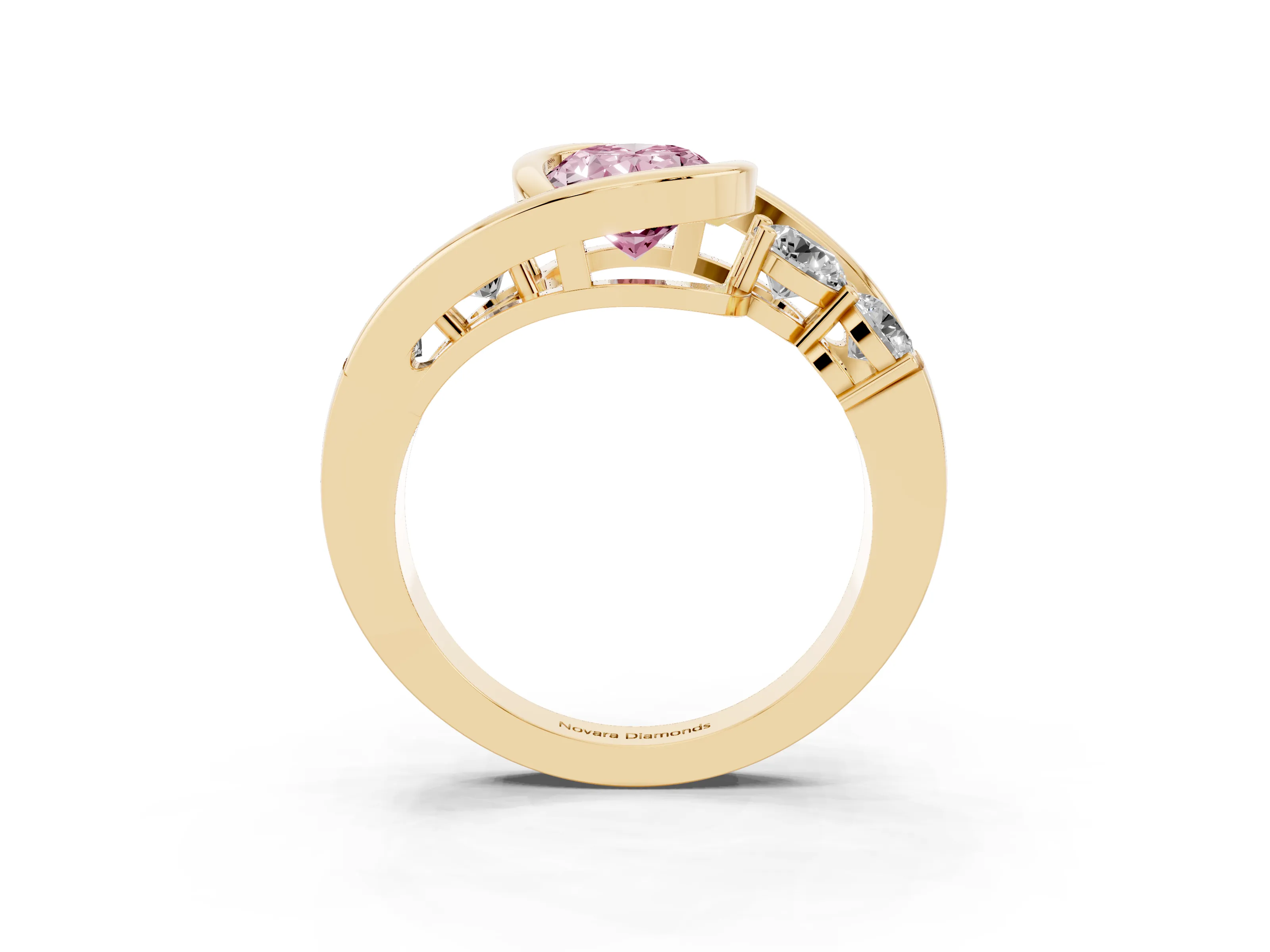 Fancy Pink Oval Cut Diamond Bezel Bypass Ring Set in Yellow gold with Round Accents