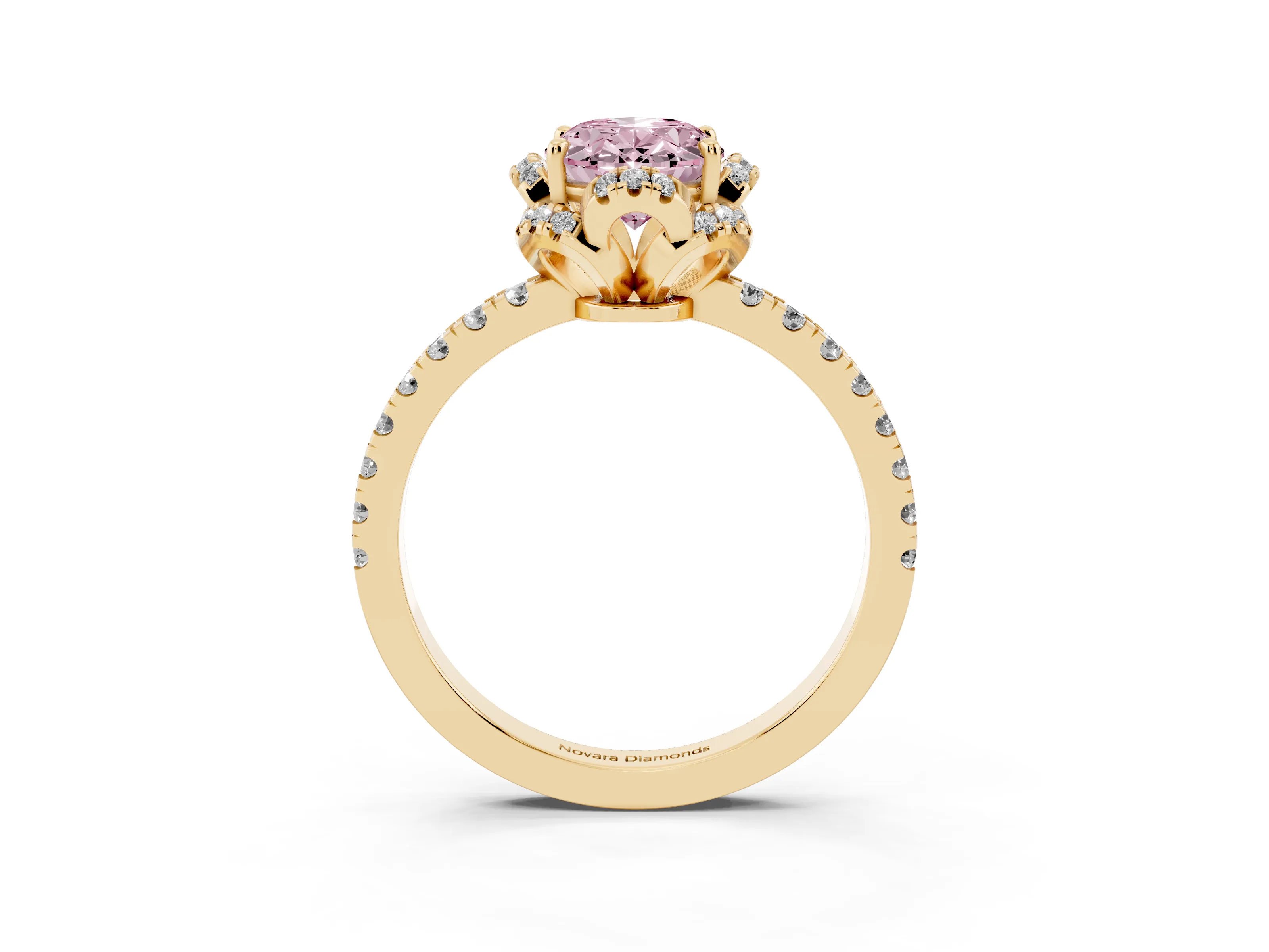 Fancy Pink Oval Cut Diamond Halo Pavé Band Ring Set in Yellow gold with Prong-Held Center