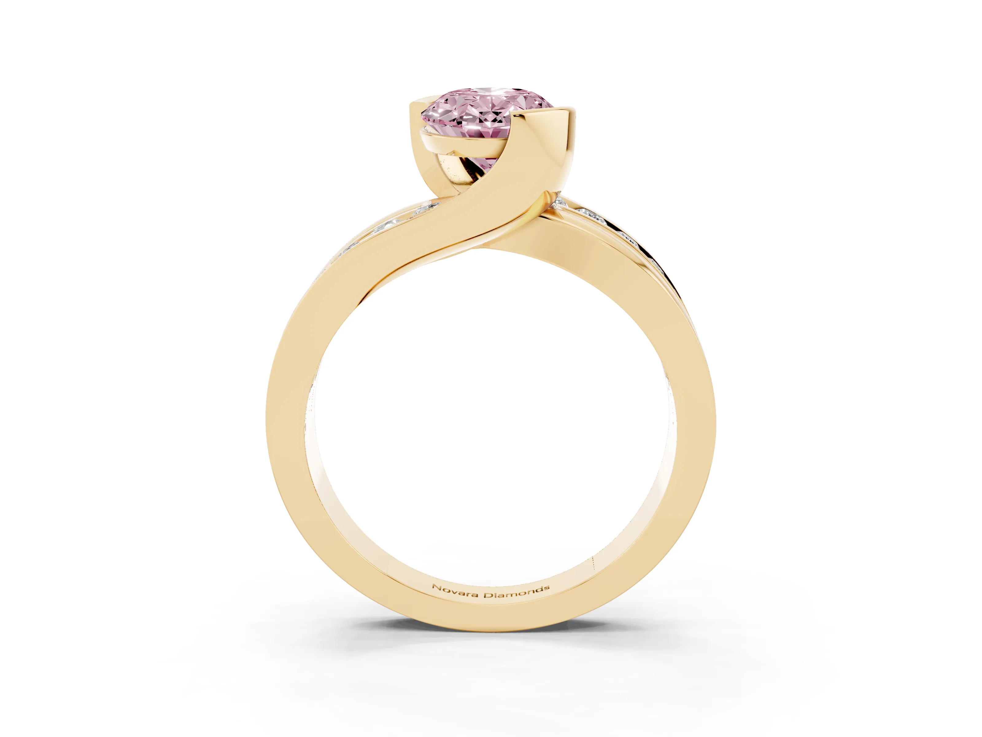 Fancy Pink Oval Cut Diamond Solitaire Ring Set in Yellow gold with Channel Set Split Shank and Tension Prongs