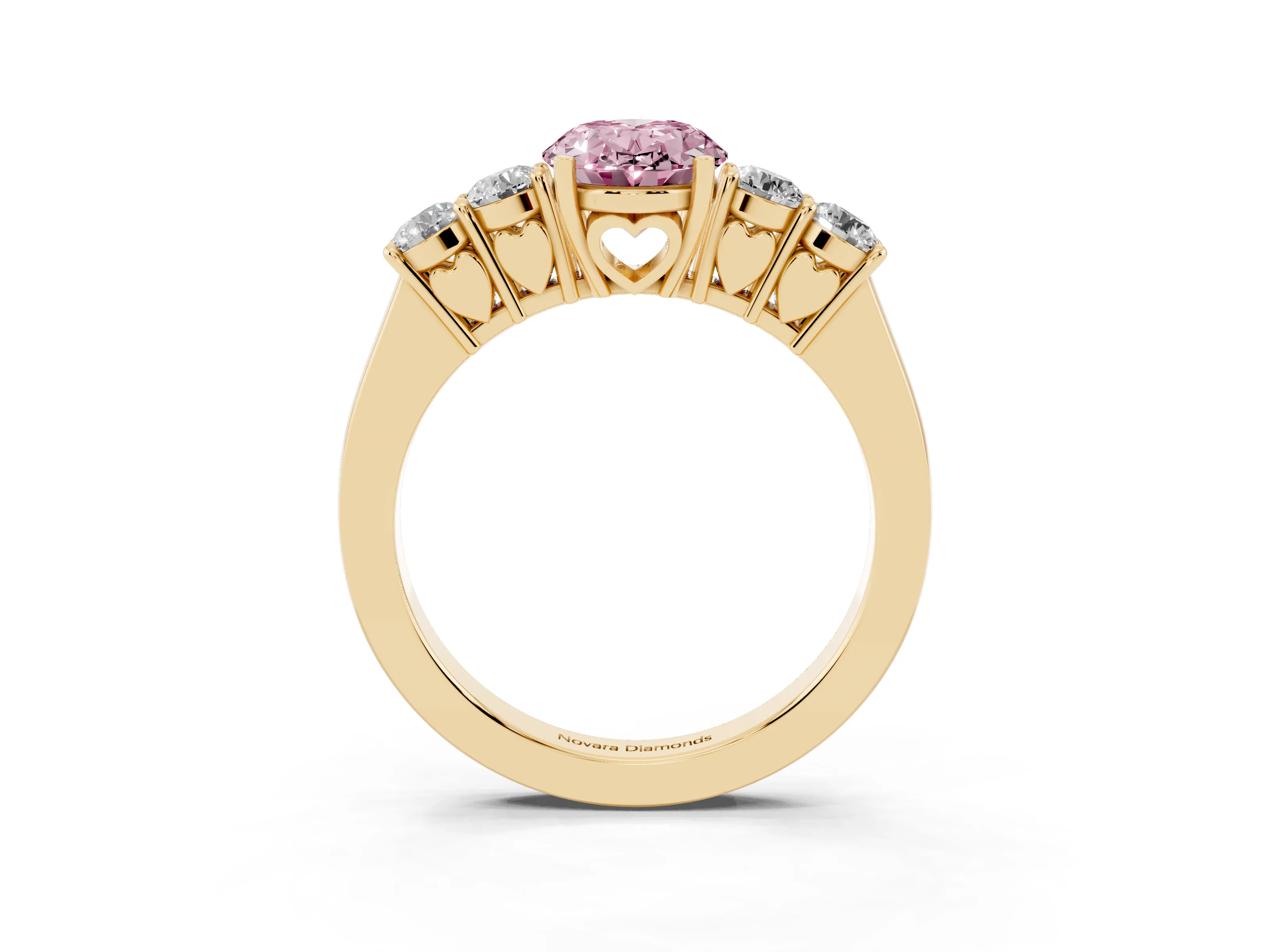Fancy Pink Oval Cut Diamond Five-Stone Prong Set Band Ring Set in Yellow gold with Polished Band