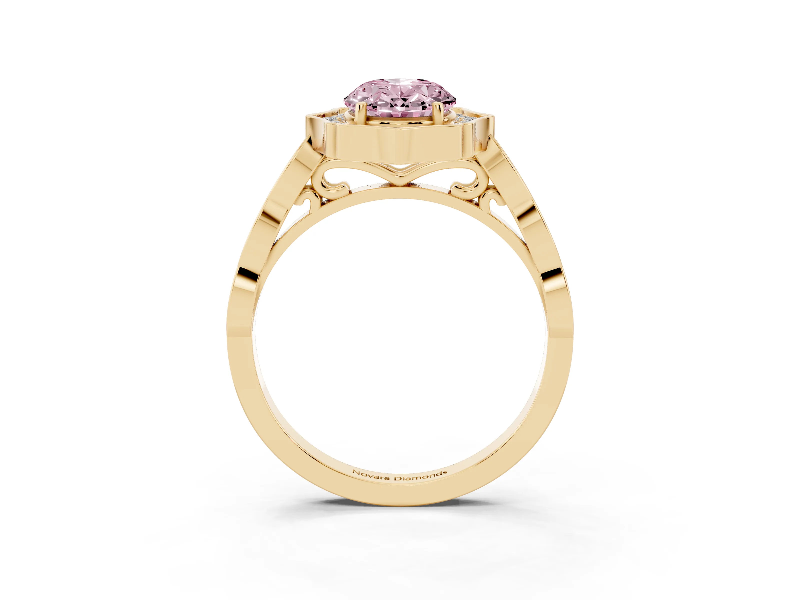 Fancy Pink Oval Cut Diamond Halo Engagement Ring Set in Yellow gold with Milgrain Band and Prong Setting