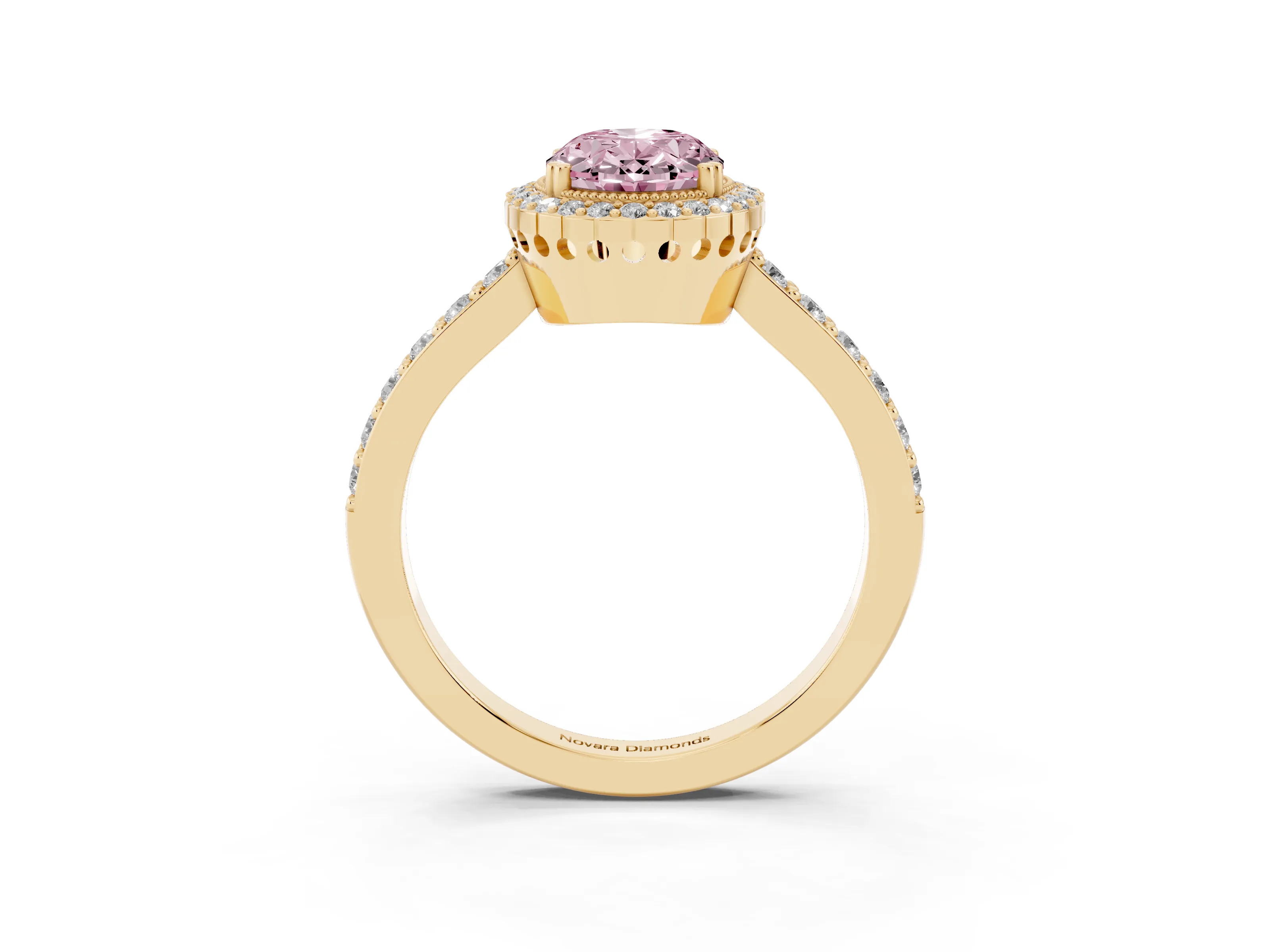 Fancy Pink Oval Cut Diamond Halo Engagement Ring Set in Yellow gold with Milgrain Detail and Pavé Band