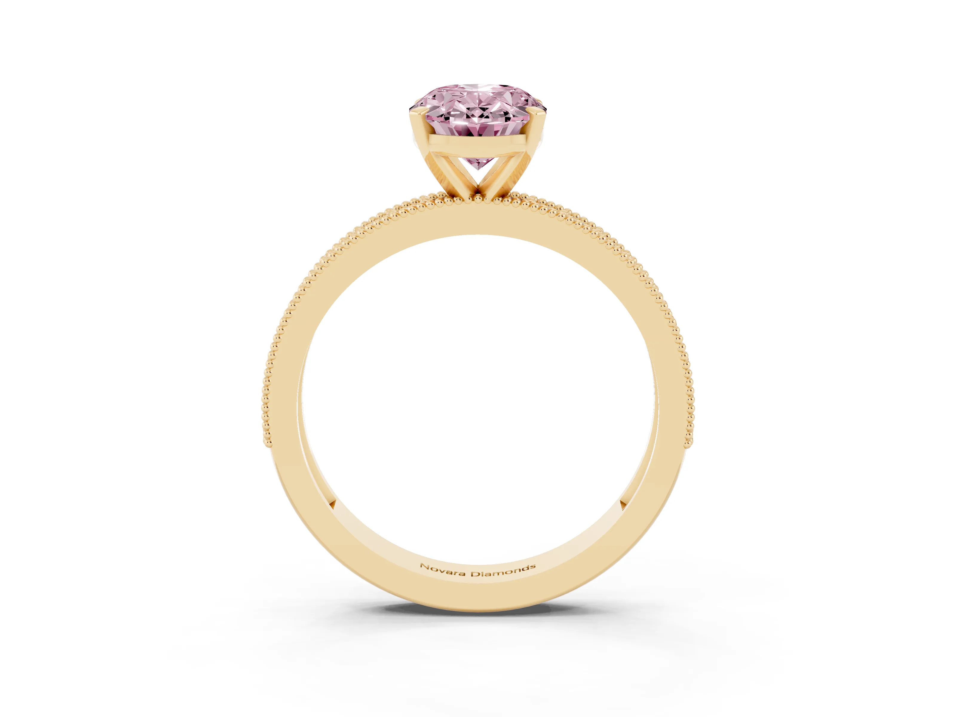 Fancy Pink Oval Cut Diamond Milgrain Pavé Engagement Ring Set in Yellow gold with Prong Setting
