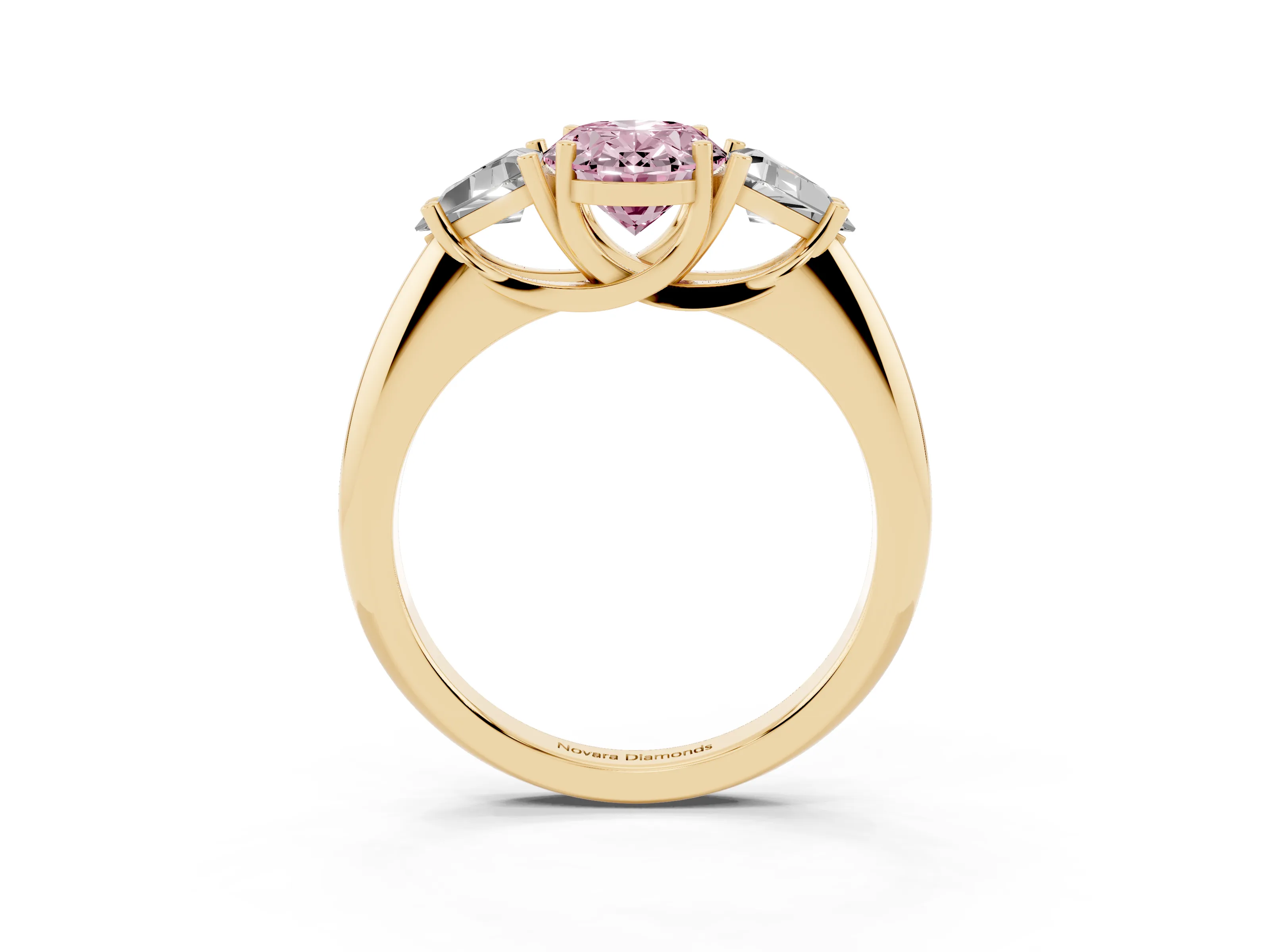 Fancy Pink Oval Cut Diamond Three-Stone Engagement Ring Set in Yellow gold with Trillion Side Stones