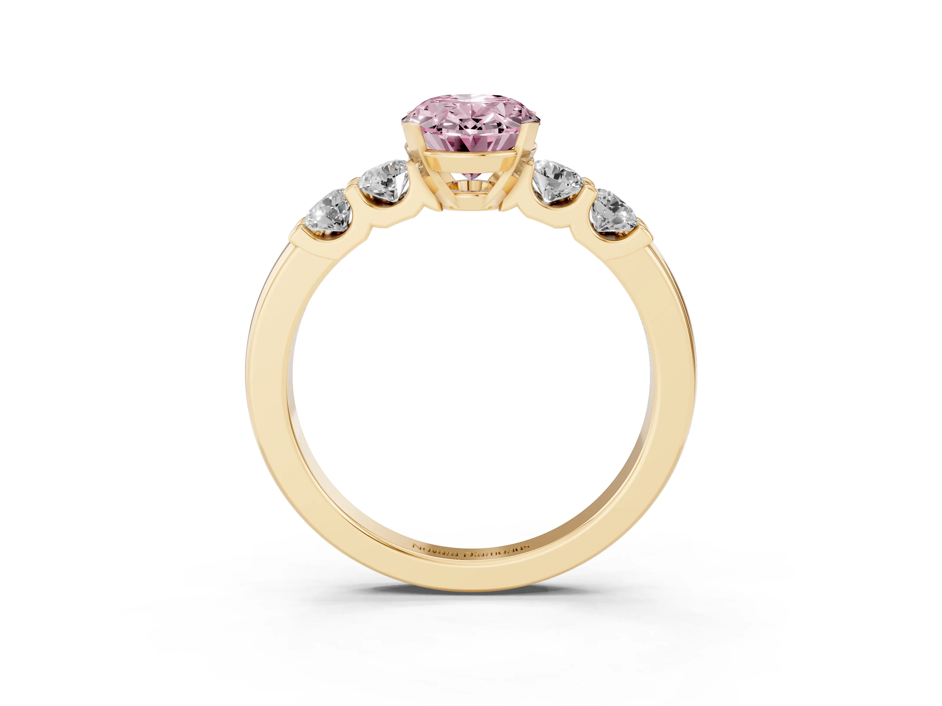 Fancy Pink Oval Cut Diamond Five-Stone Prong Set Engagement Ring Set in Yellow gold with Channel Band