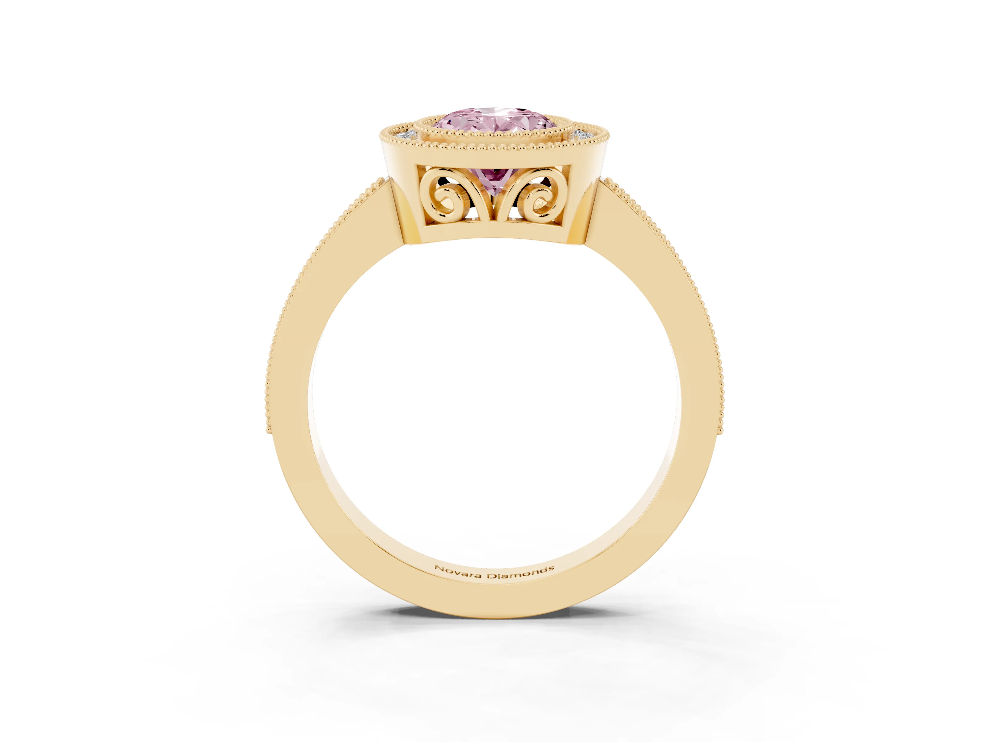 Fancy Pink Oval Cut Diamond Halo Ring Set in Yellow gold with Pavé Band and Milgrain-Edged Prongs