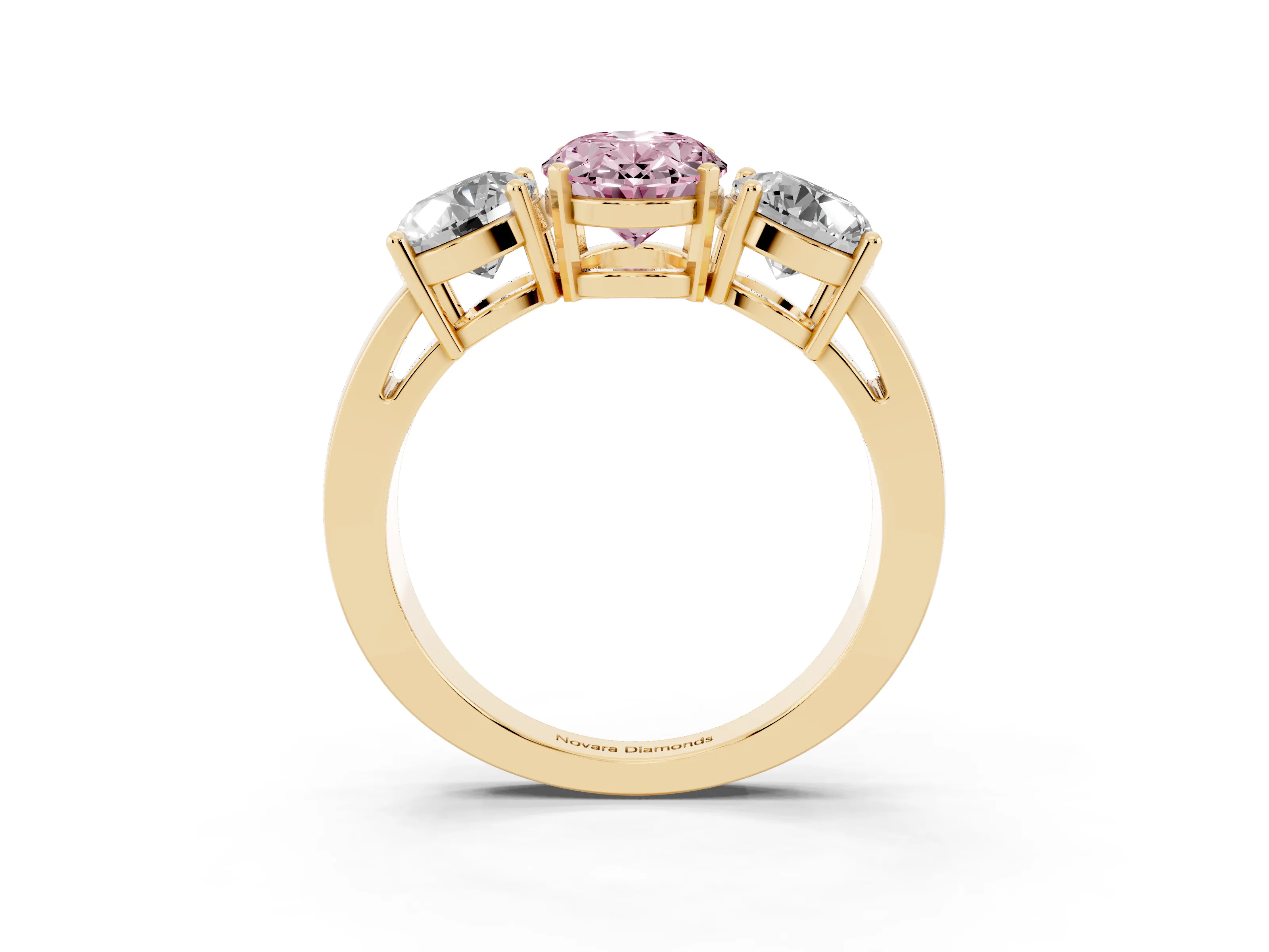 Fancy Pink Oval Cut Diamond Three-Stone Ring Set in Yellow gold with Round Side Stones and Classic Band