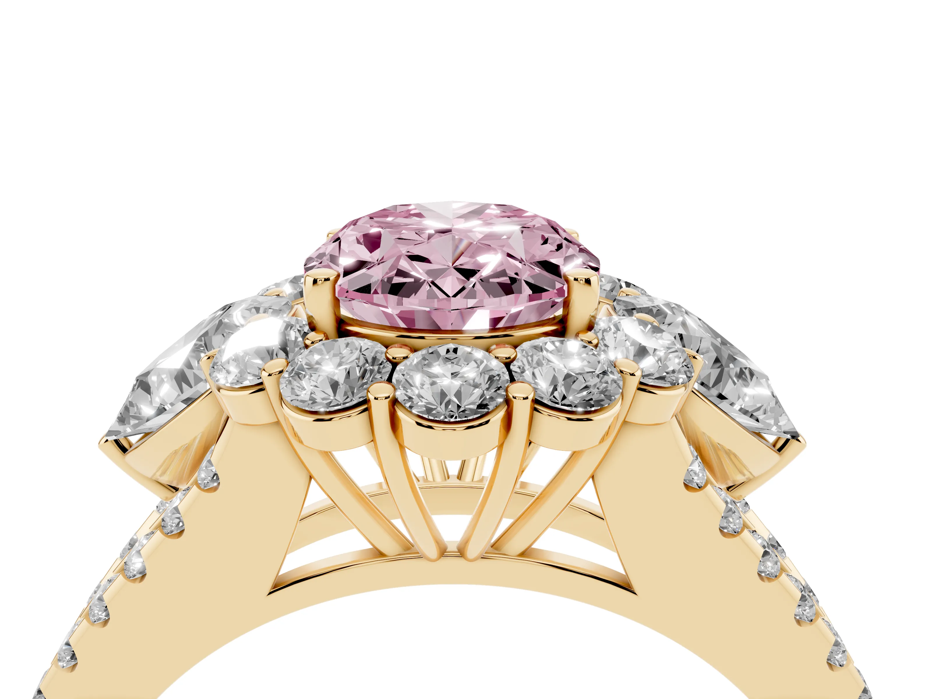 Fancy Pink Oval Cut Diamond Halo Split Shank Engagement Ring Set in Yellow gold with Prong-Held Center Stone