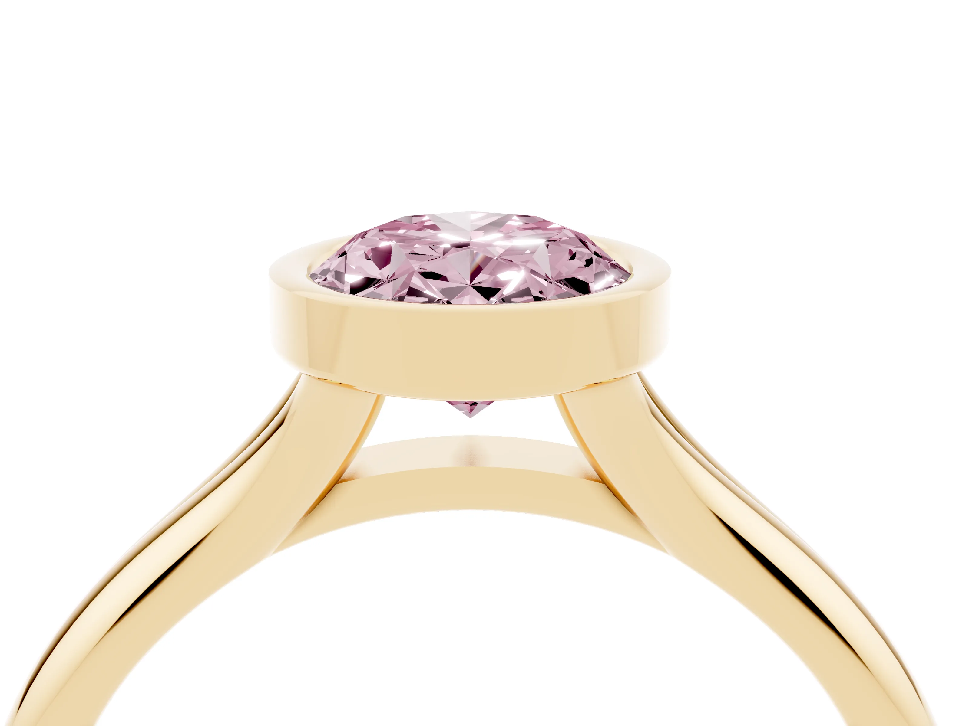 Fancy Pink Bezel Set Oval Cut Diamond Solitaire Ring Set in Yellow gold with Smooth Band