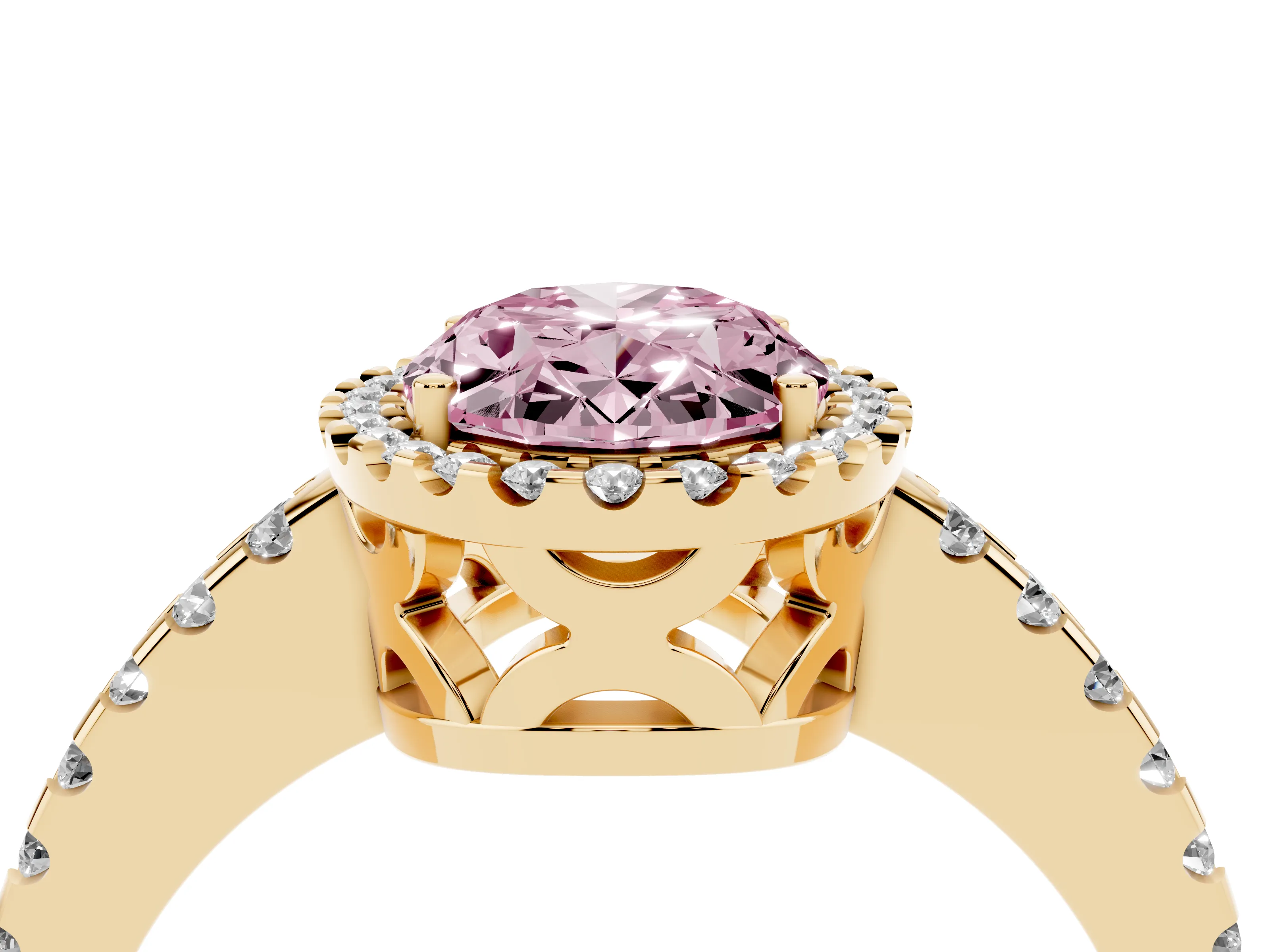 Fancy Pink Oval Cut Diamond Halo Ring Set in Yellow gold with Pavé Shoulders and Halo-Framed Center