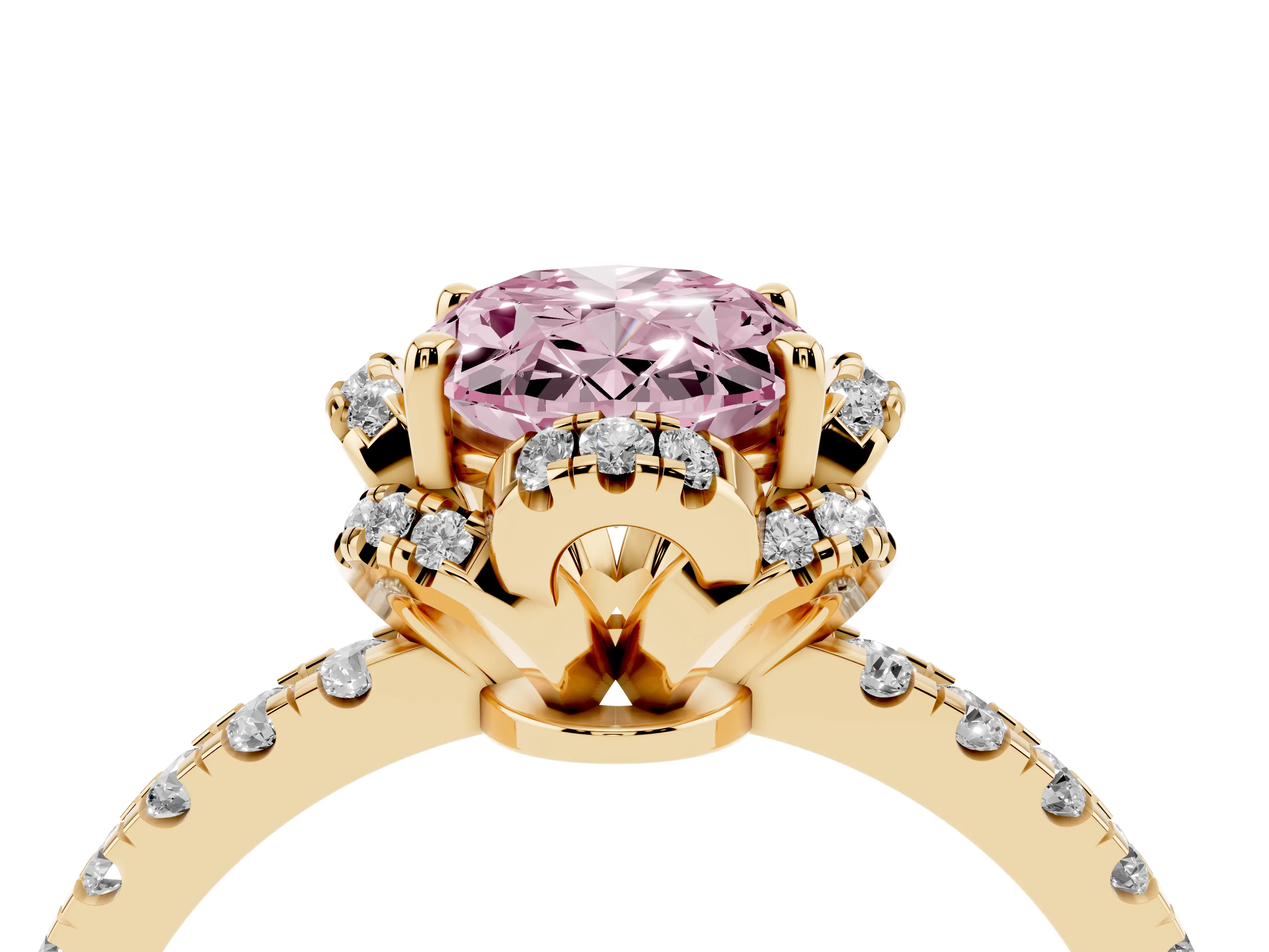 Fancy Pink Oval Cut Diamond Halo Pavé Band Ring Set in Yellow gold with Prong-Held Center