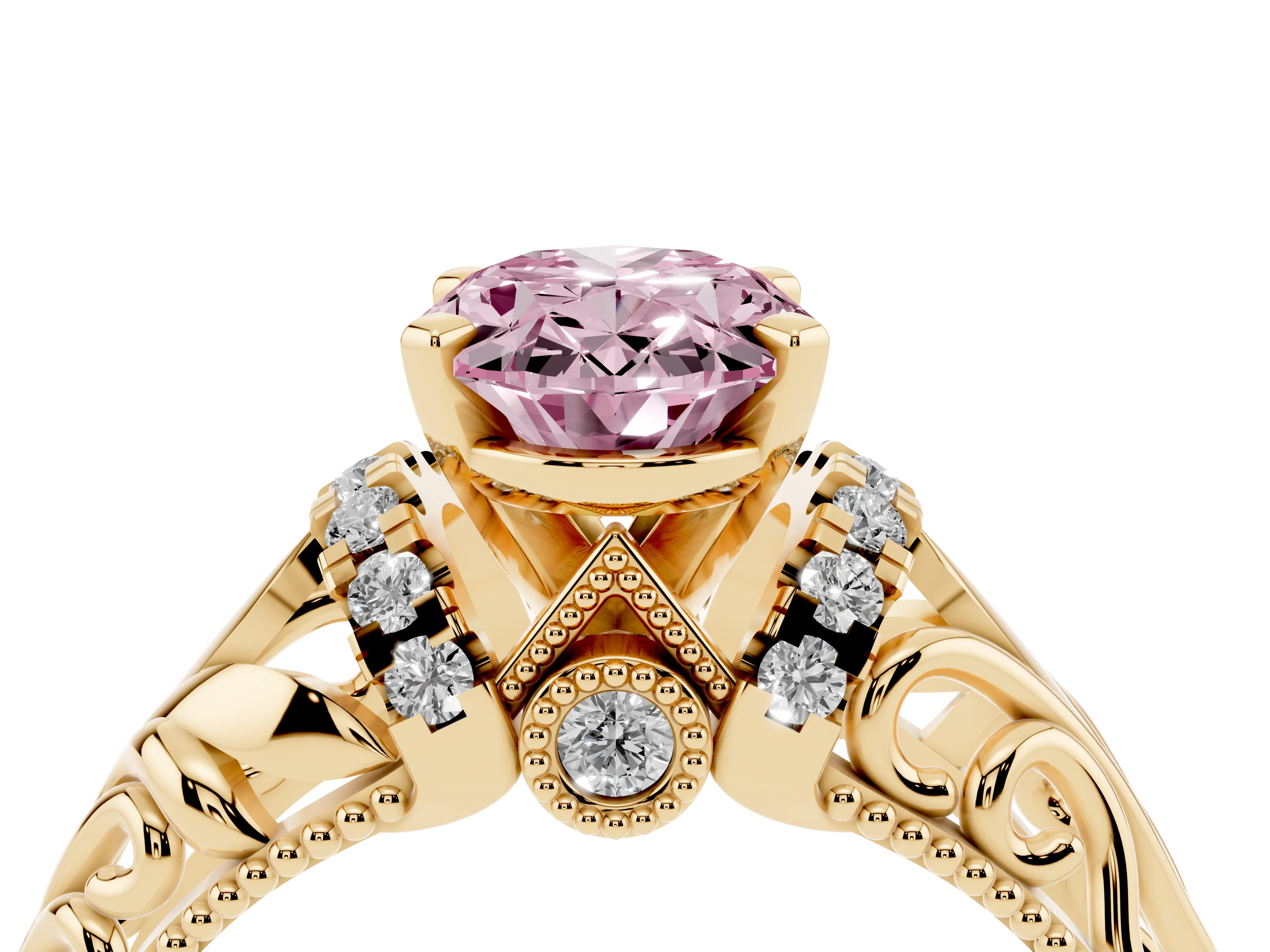 Fancy Pink Oval Cut Diamond Filigree Halo Engagement Ring Set in Yellow gold with Prong Setting