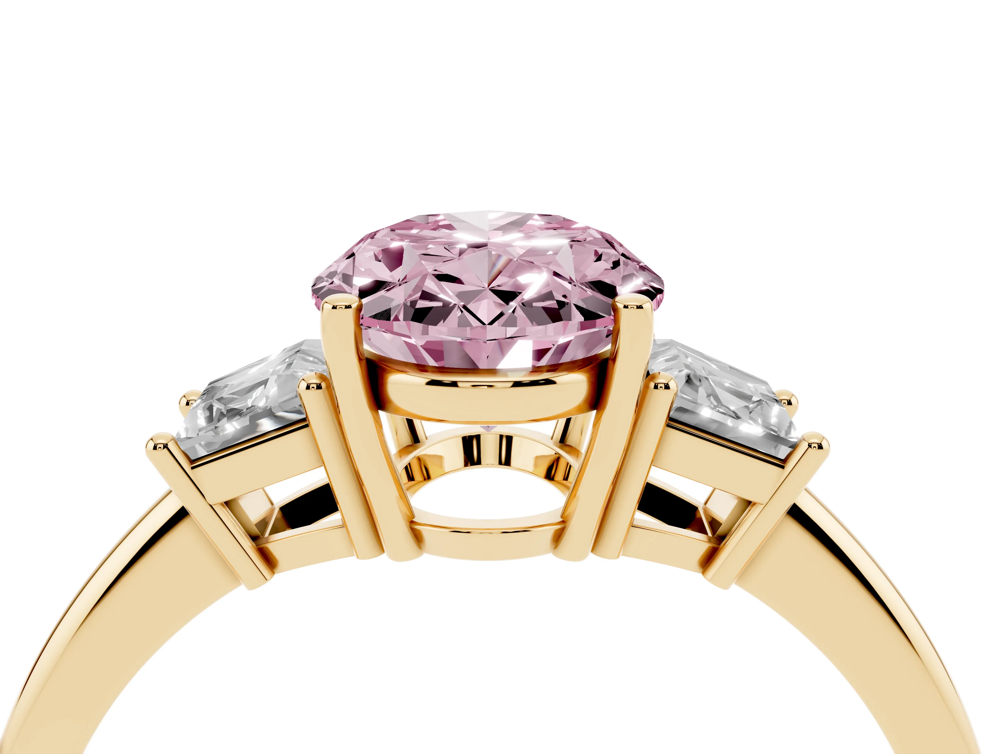Fancy Pink Oval Cut Diamond Three-Stone Ring Set in Yellow gold with Trapezoid Side Stones and Prong Setting