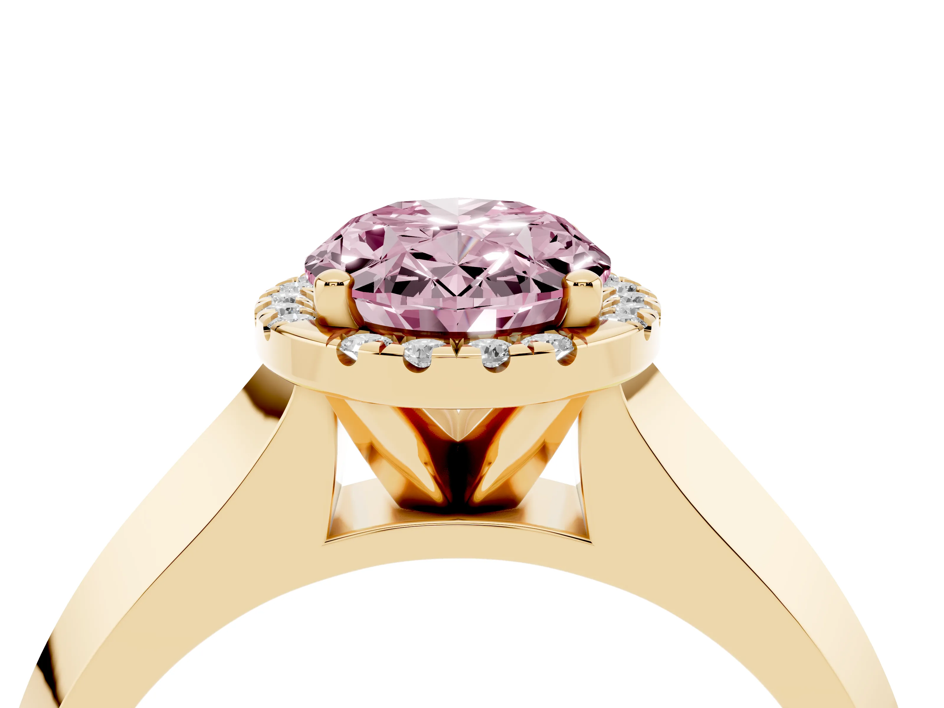 Fancy Pink Oval Cut Diamond Halo Ring Set in Yellow gold with Cathedral Band and Prong Setting