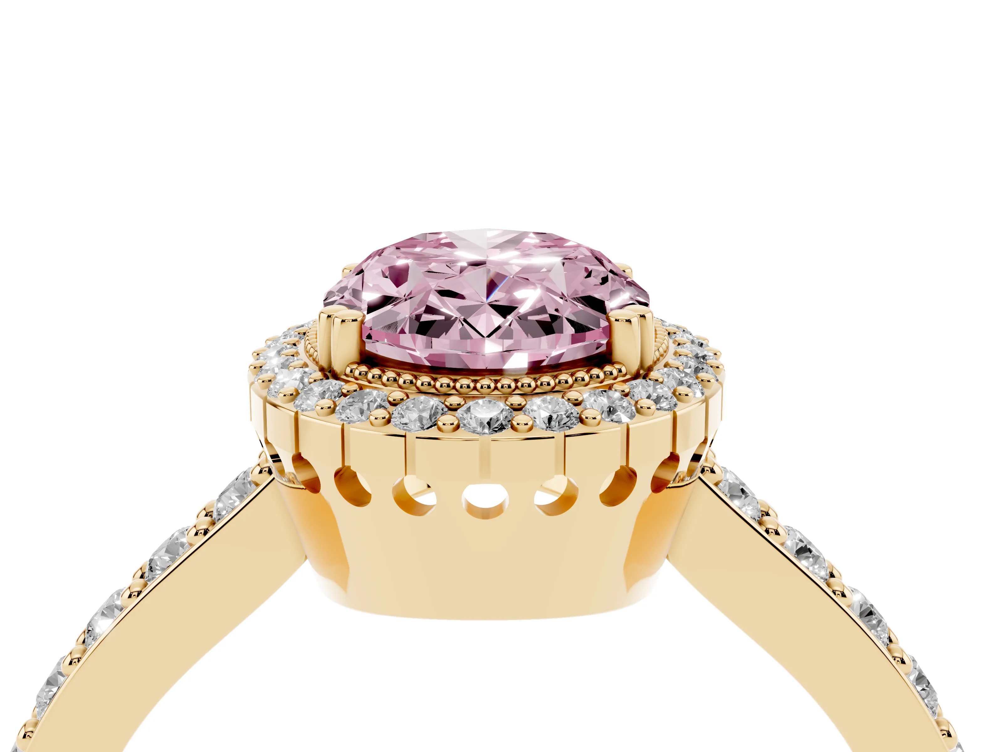 Fancy Pink Oval Cut Diamond Halo Engagement Ring Set in Yellow gold with Milgrain Detail and Pavé Band