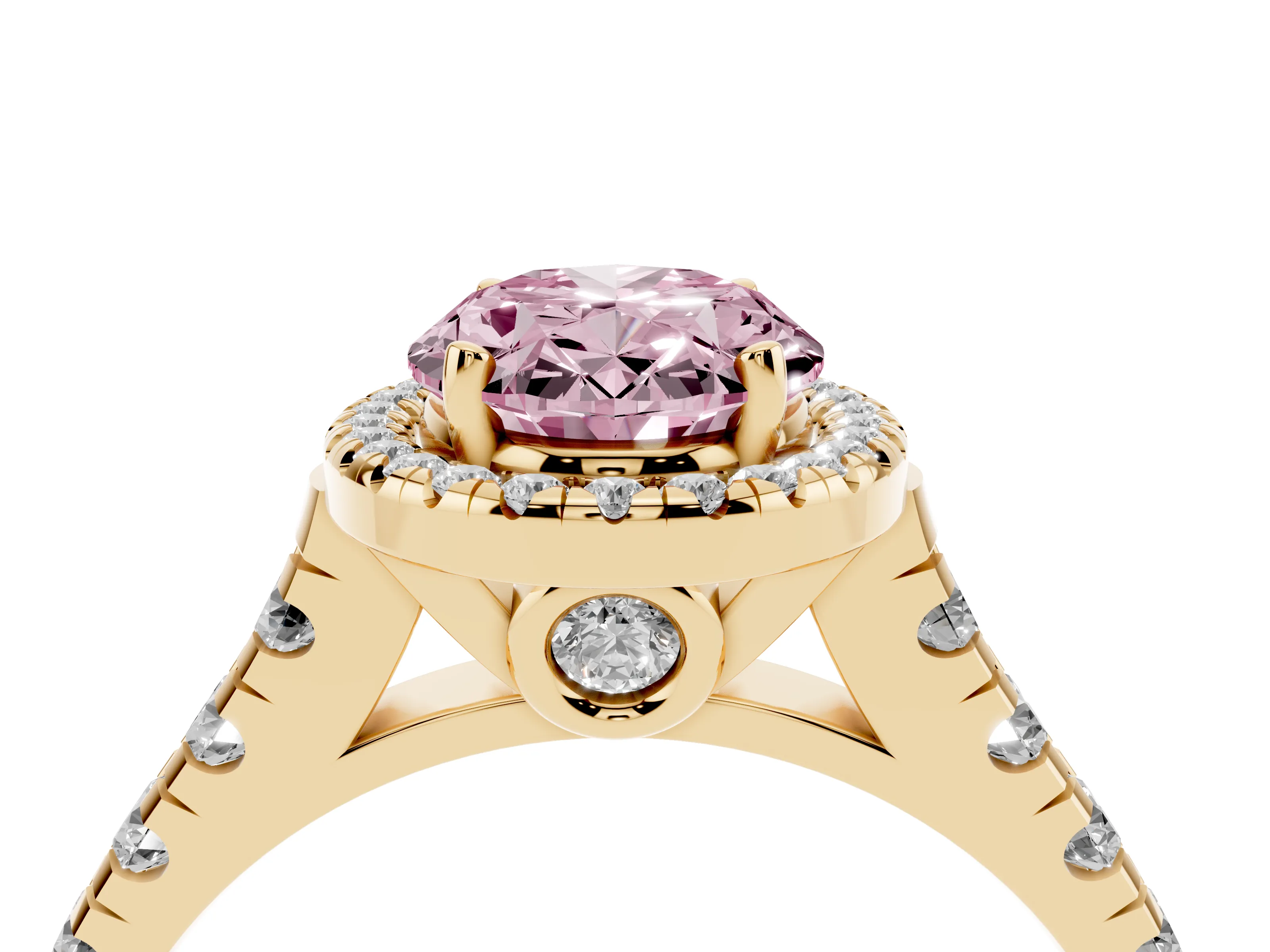 Fancy Pink Oval Cut Diamond Halo Engagement Ring Set in Yellow gold with Pavé Band and Prong-Set Center