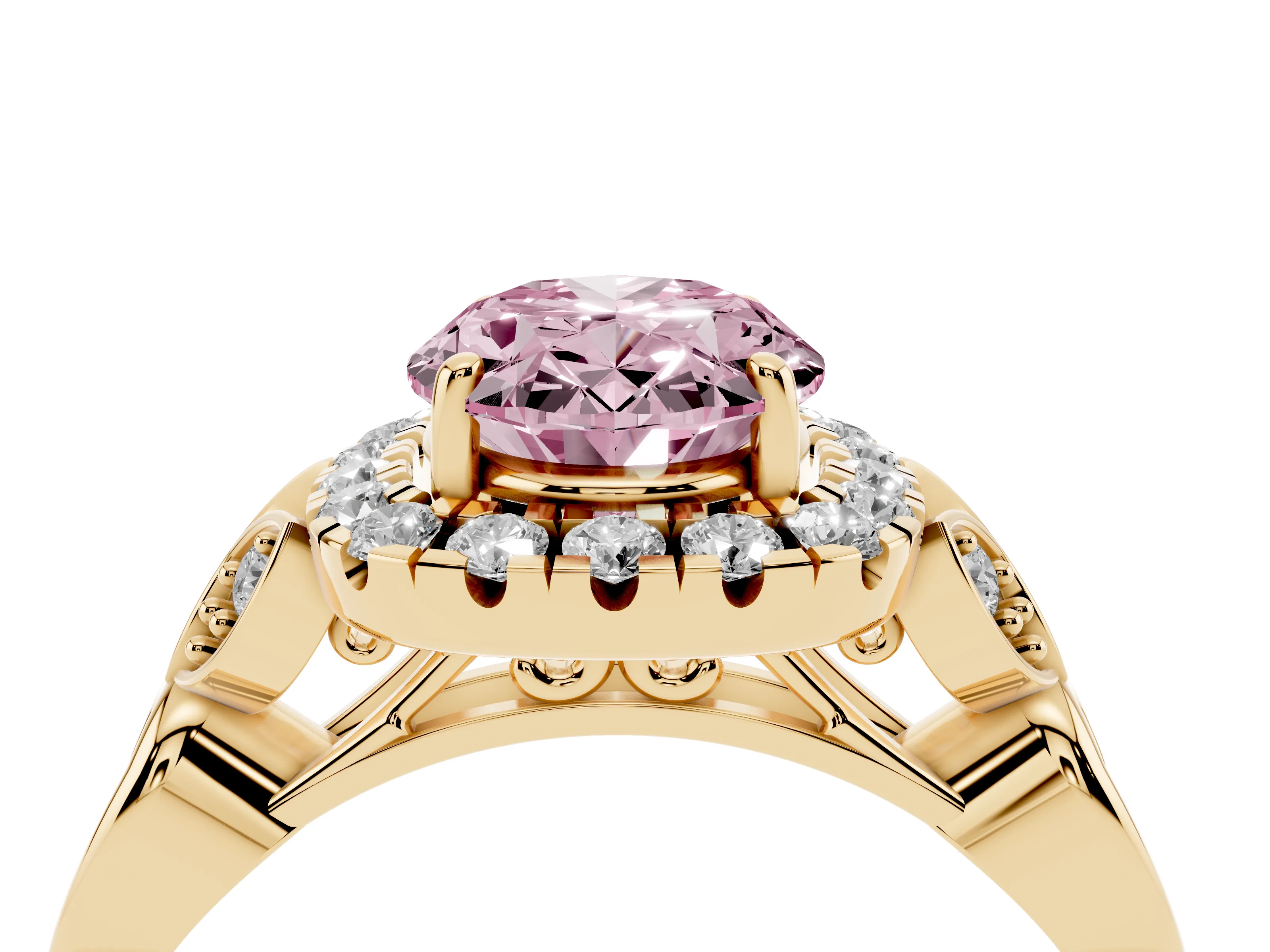 Fancy Pink Oval Cut Diamond Halo Engagement Ring Set in Yellow gold with Vintage-Inspired Band and Prong Setting