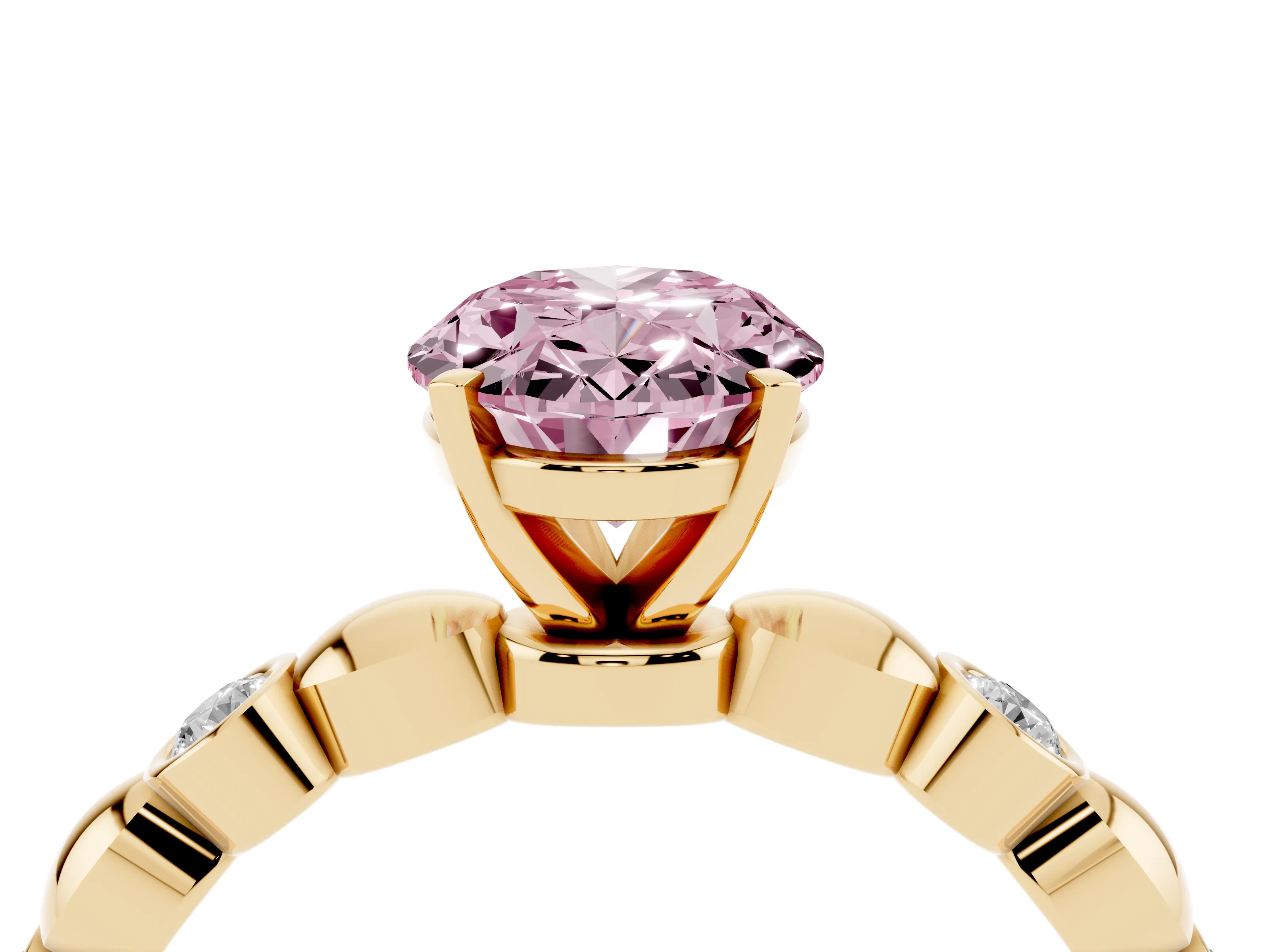 Fancy Pink Oval Cut Diamond Solitaire Ring Set in Yellow gold with Bezel-Set Accents on Beaded Band and Prong Setting