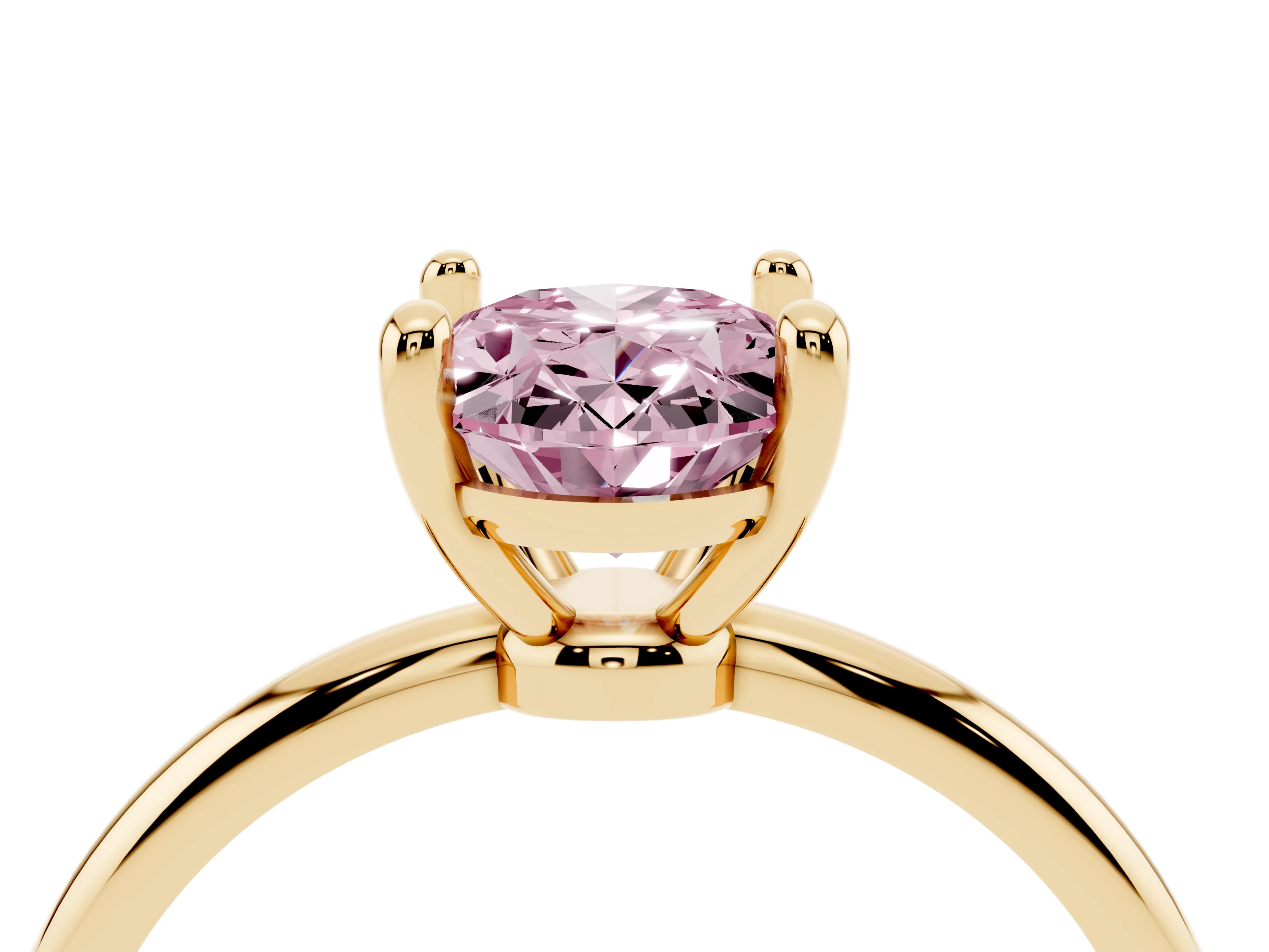 Fancy Pink Oval Cut Diamond Solitaire Ring Set in Yellow gold with Secure Prong Setting on a Classic Band