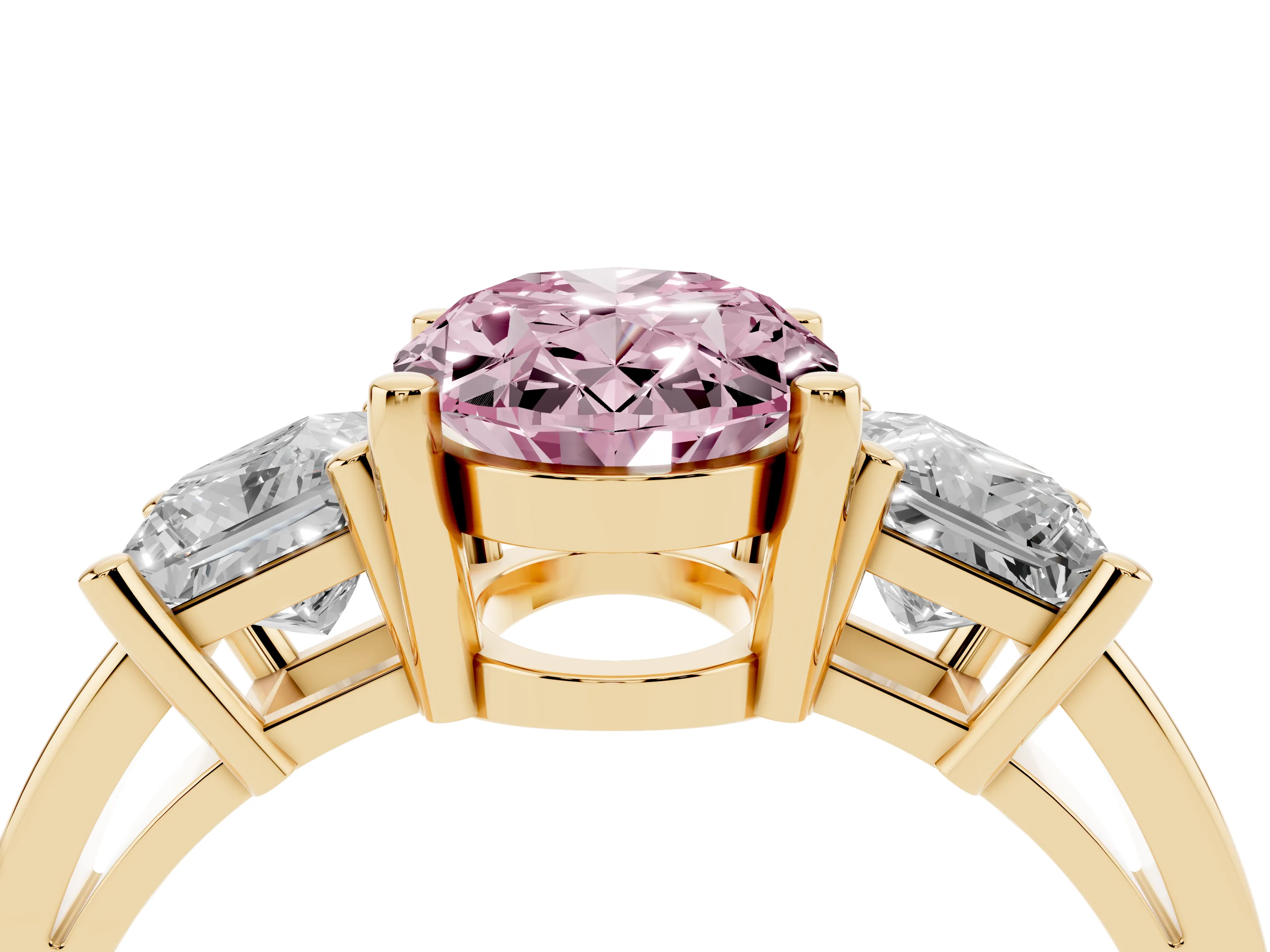 Fancy Pink Three-Stone Oval Cut Diamond Solitaire Ring Set in Yellow gold with Prong Setting