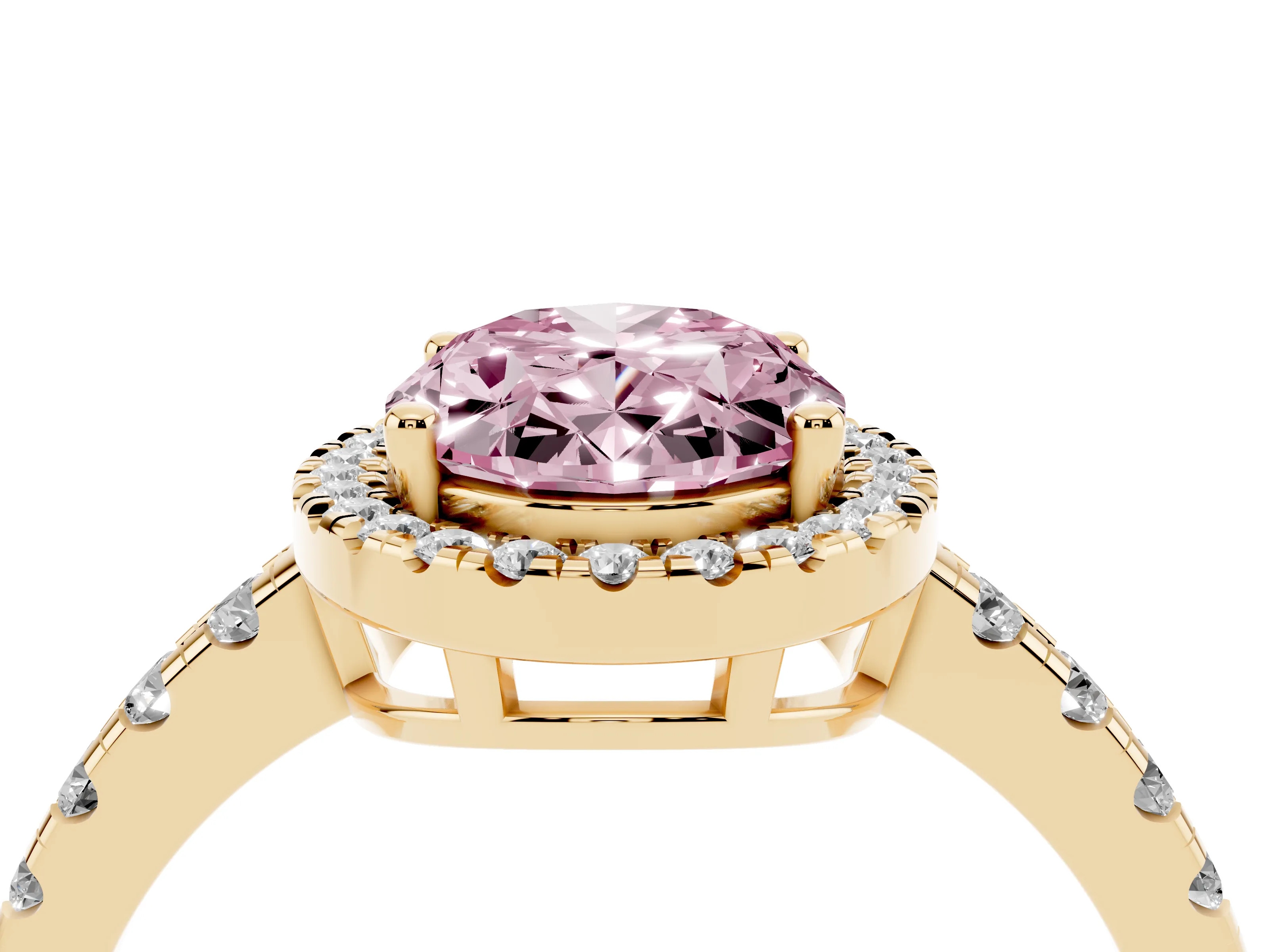 Fancy Pink Oval Cut Diamond Halo Ring Set in Yellow gold with Delicate Pavé Band and Prong Setting