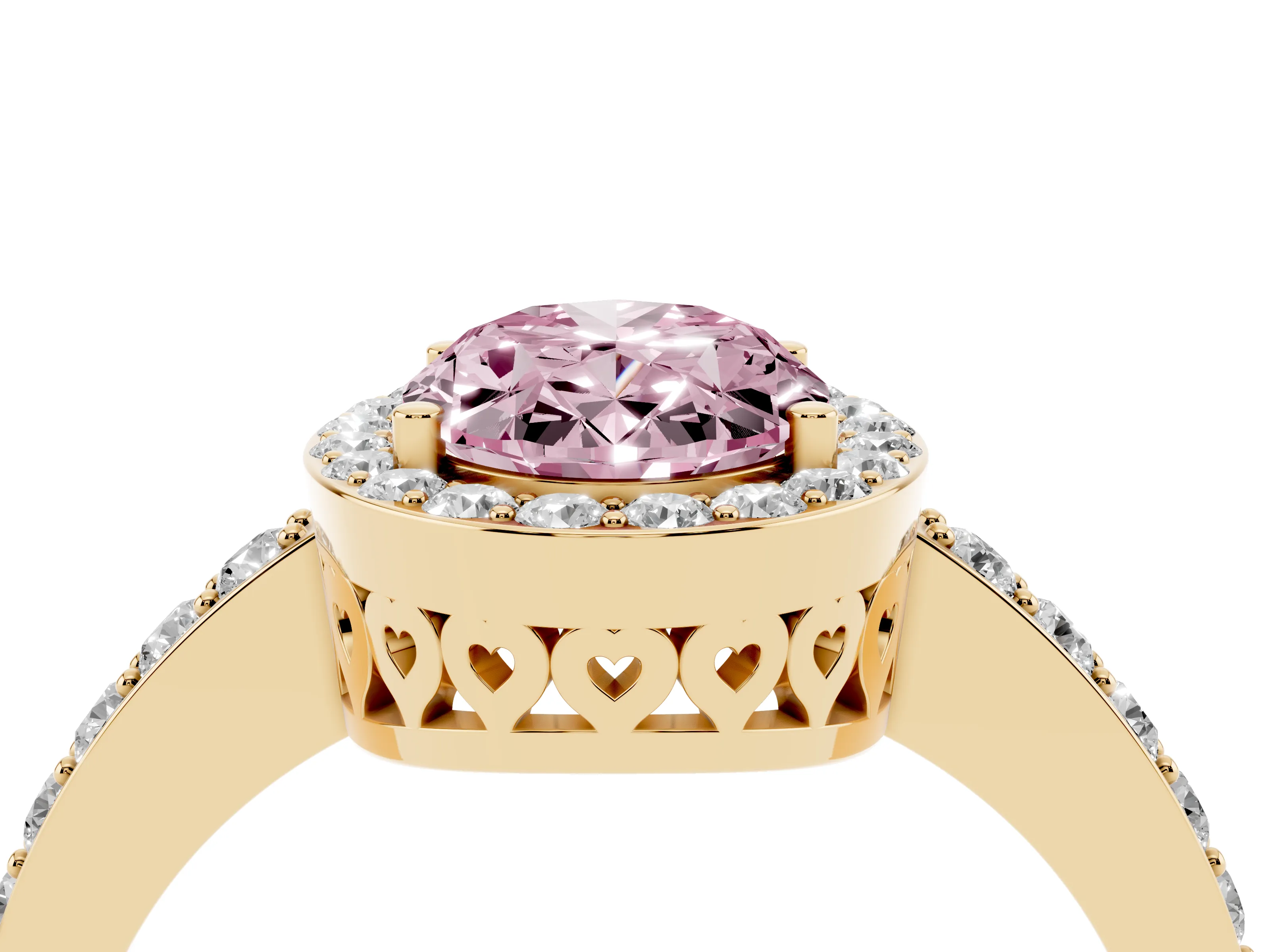 Fancy Pink Oval Cut Diamond Halo Ring Set in Yellow gold with Pavé-Setting Band and Open Prong Center