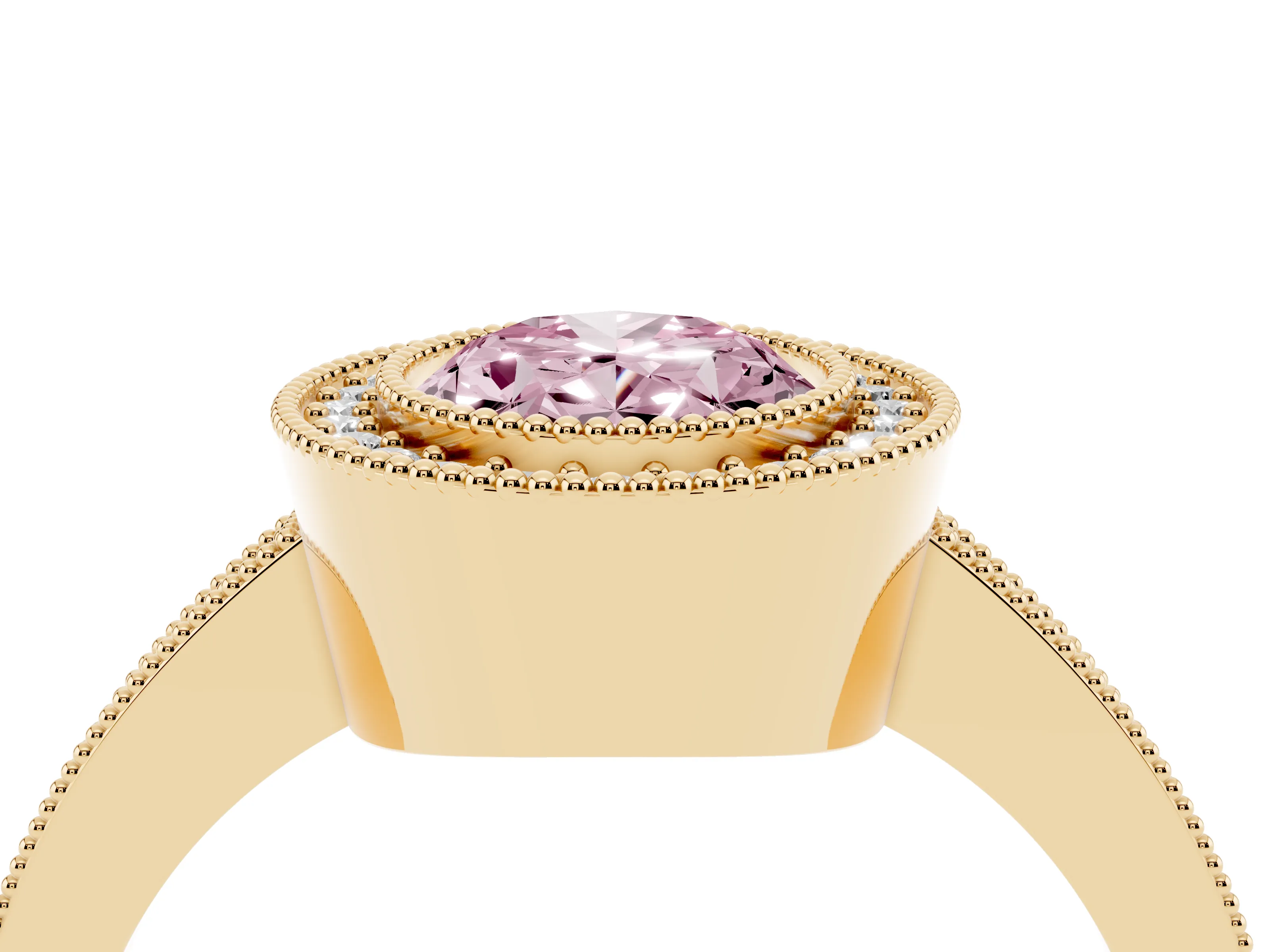 Fancy Pink Oval Cut Diamond Halo Engagement Ring Set in Yellow gold with Pavé Band and Round Halo Stones