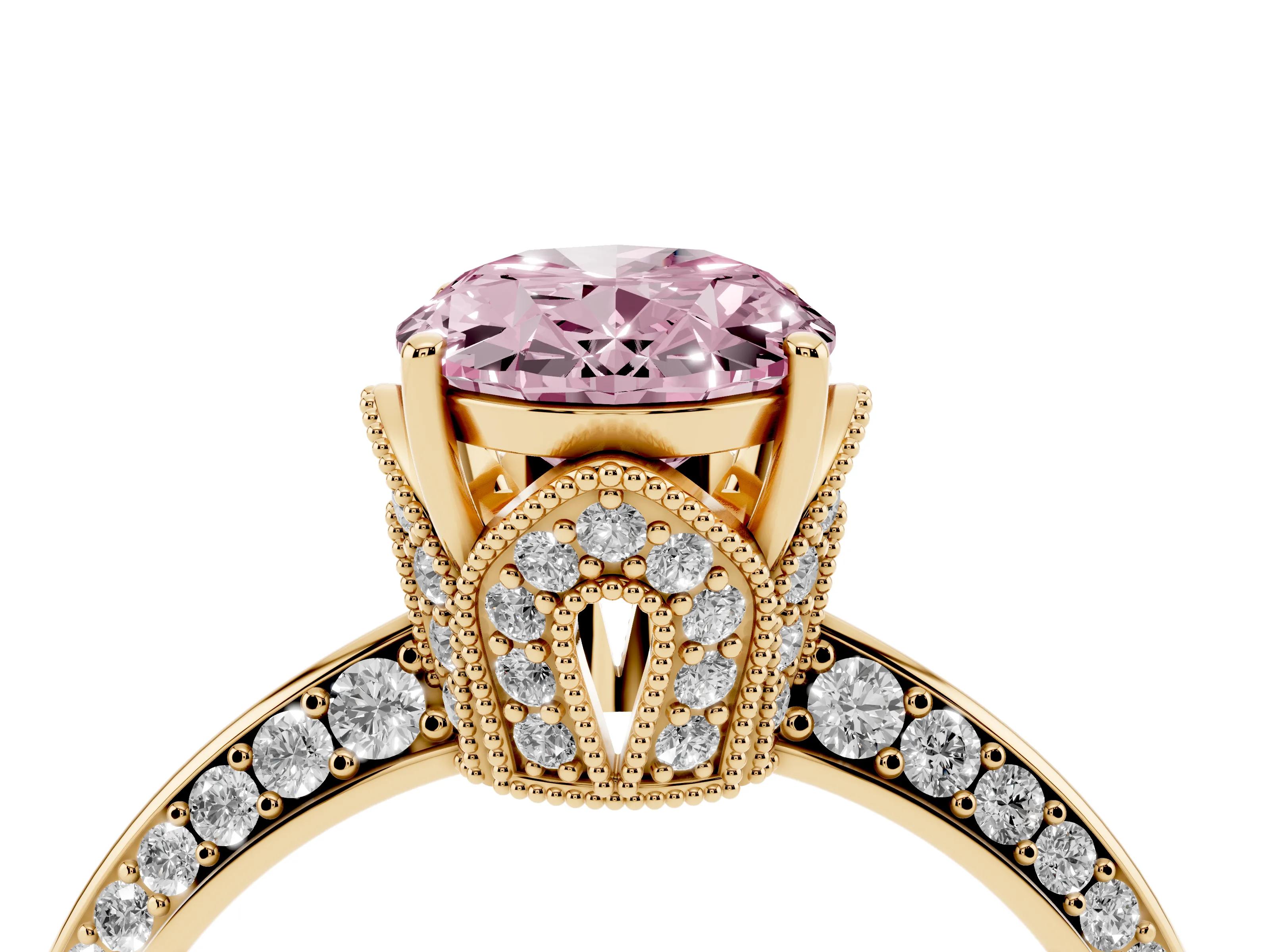 Fancy Pink Oval Cut Diamond Solitaire Engagement Ring Set in Yellow gold with Pavé Split Shank and Prong Setting