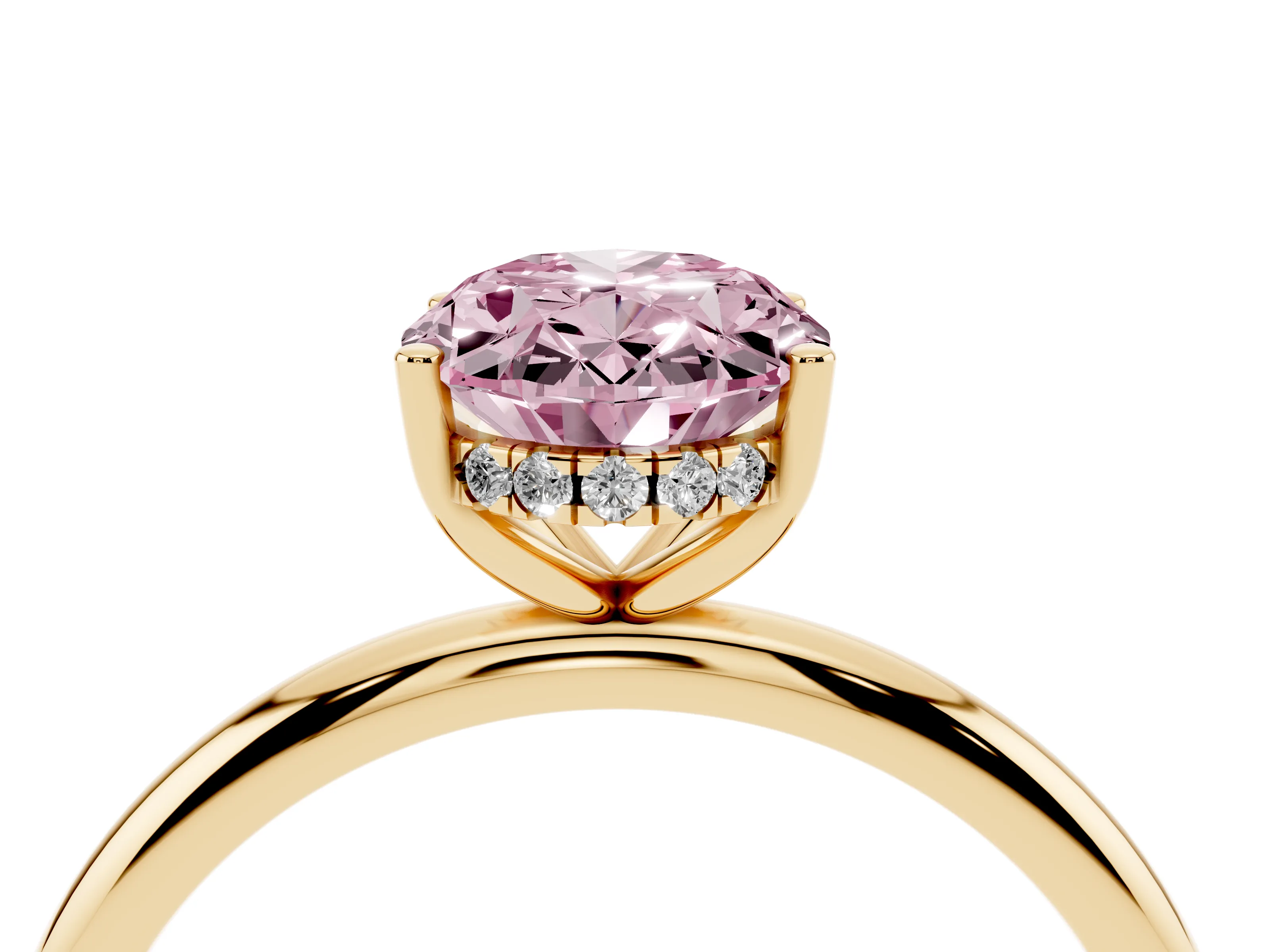 Fancy Pink Oval Cut Diamond Solitaire Engagement Ring Set in Yellow gold with Prong Setting and Polished Band