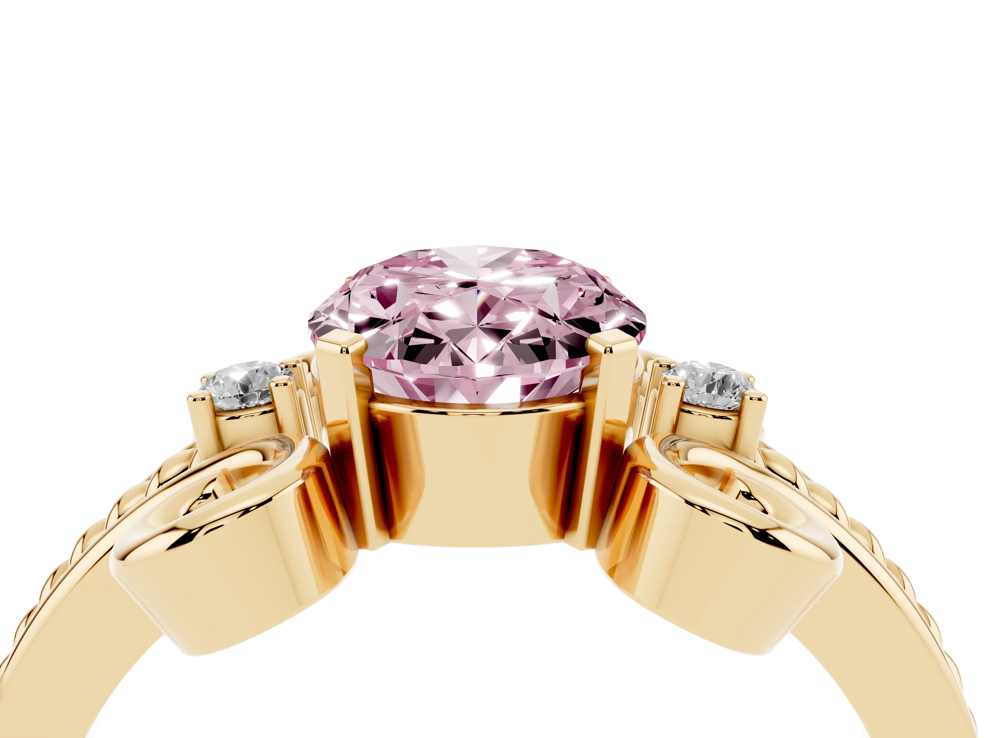 Fancy Pink Oval Cut Diamond Twisted Band Solitaire Ring Set in Yellow gold with Scroll Prongs