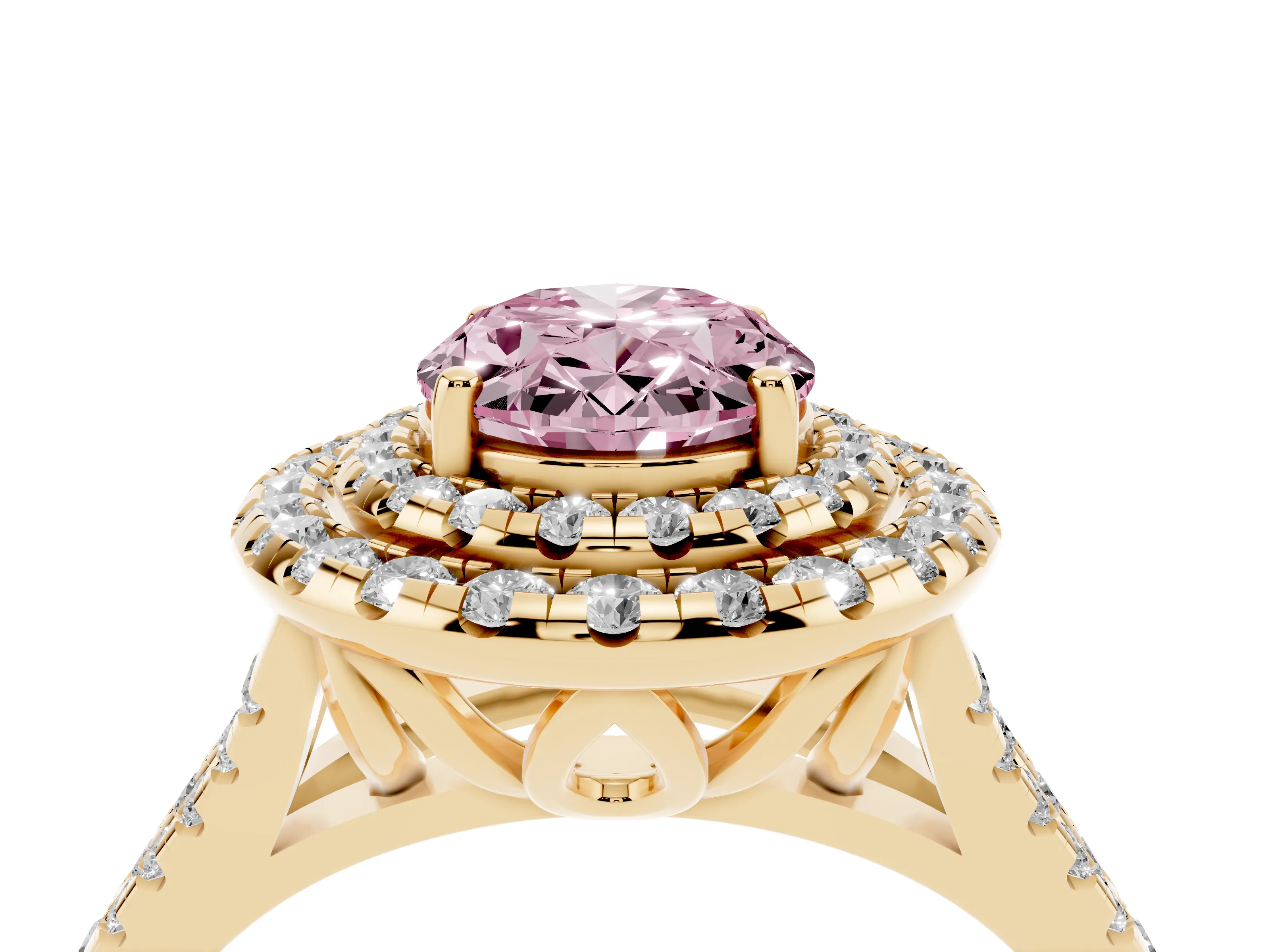Fancy Pink Oval Cut Diamond Double Halo Ring Set in Yellow gold with Pavé Split Shank and Prong Setting
