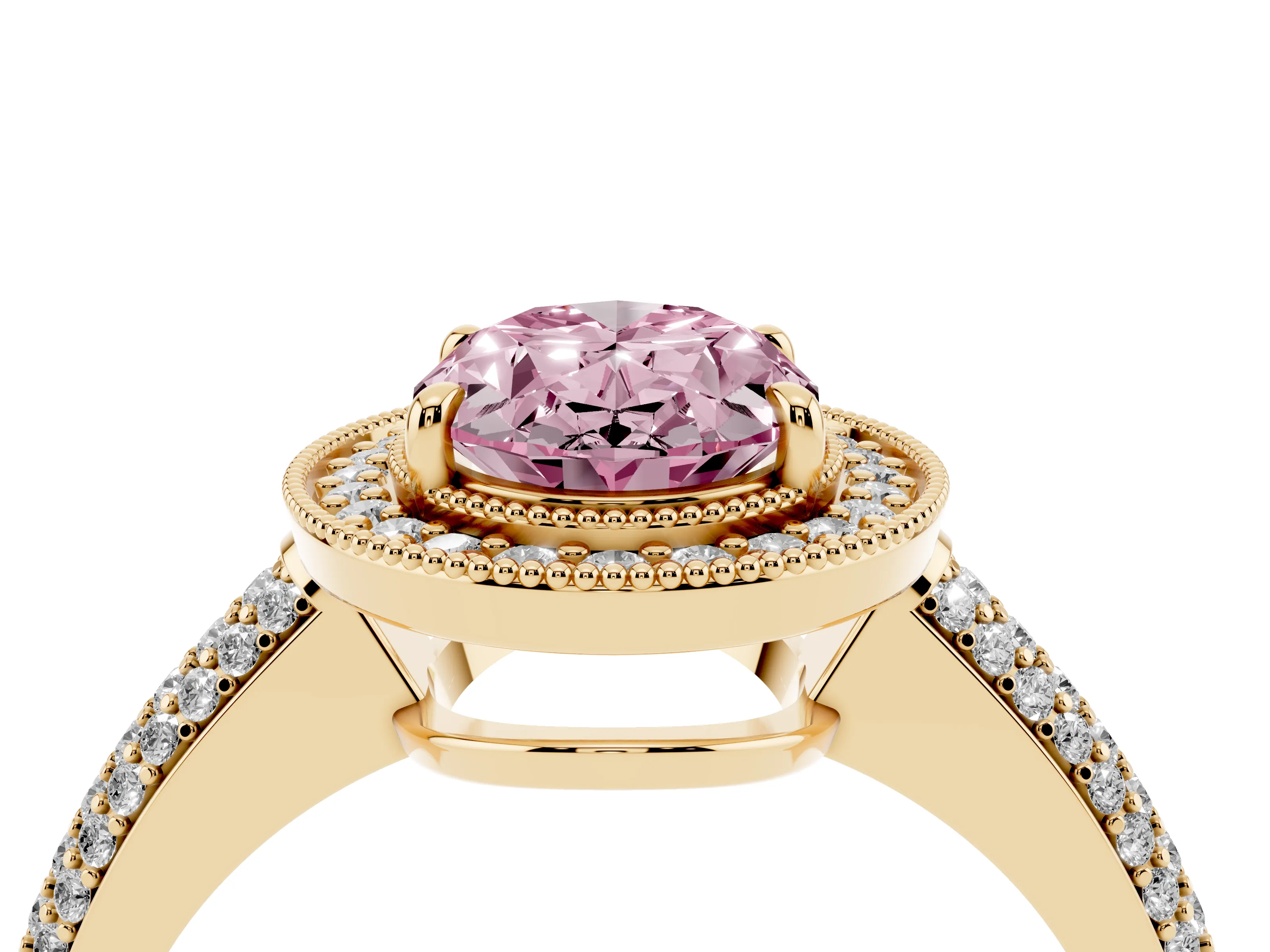 Fancy Pink Oval Cut Diamond Halo Pavé Band Set in Yellow gold with Prong Setting