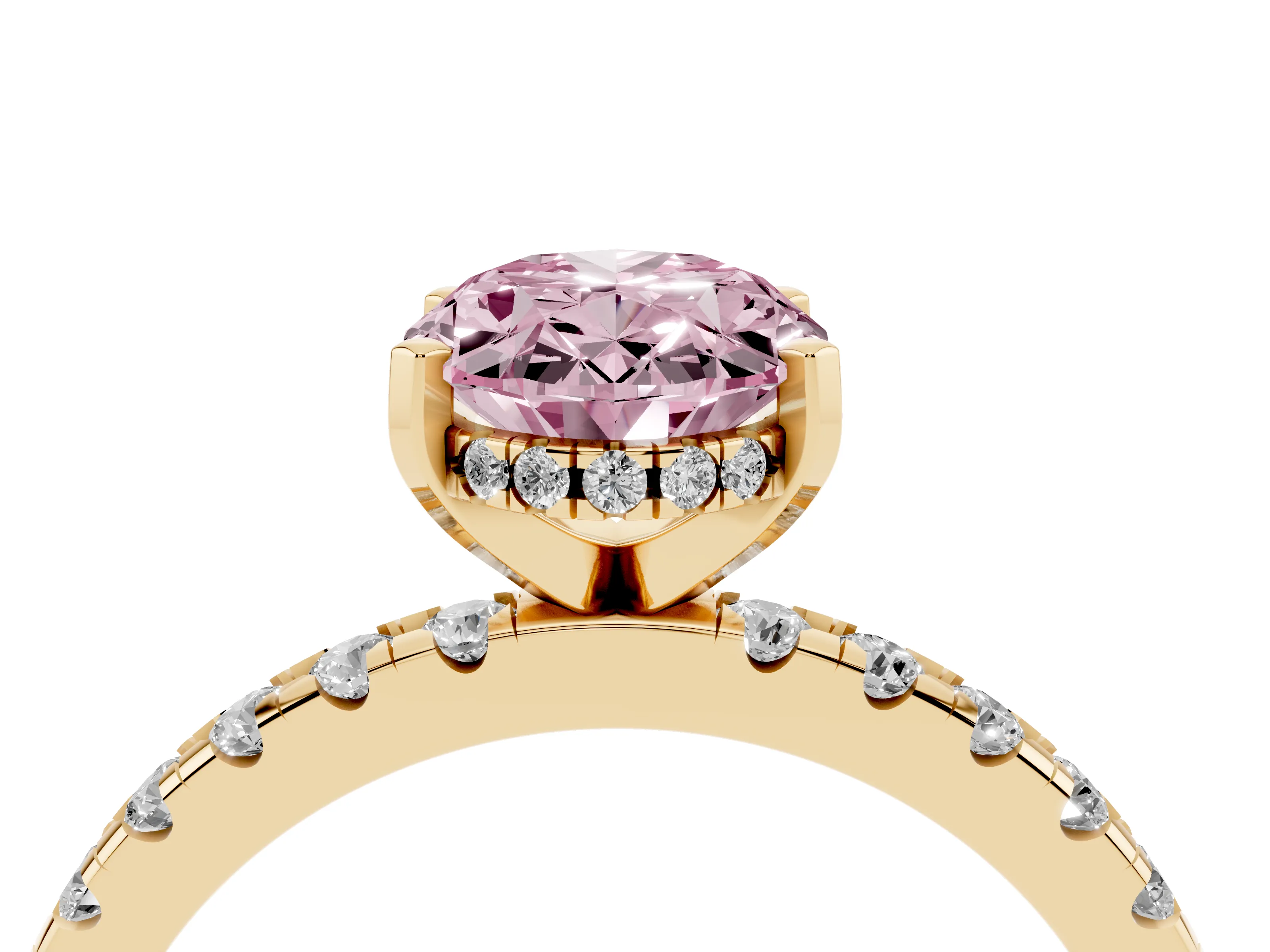 Fancy Pink Oval Cut Diamond Pavé Solitaire Ring Set in Yellow gold with Round Band Accents and Prong Setting