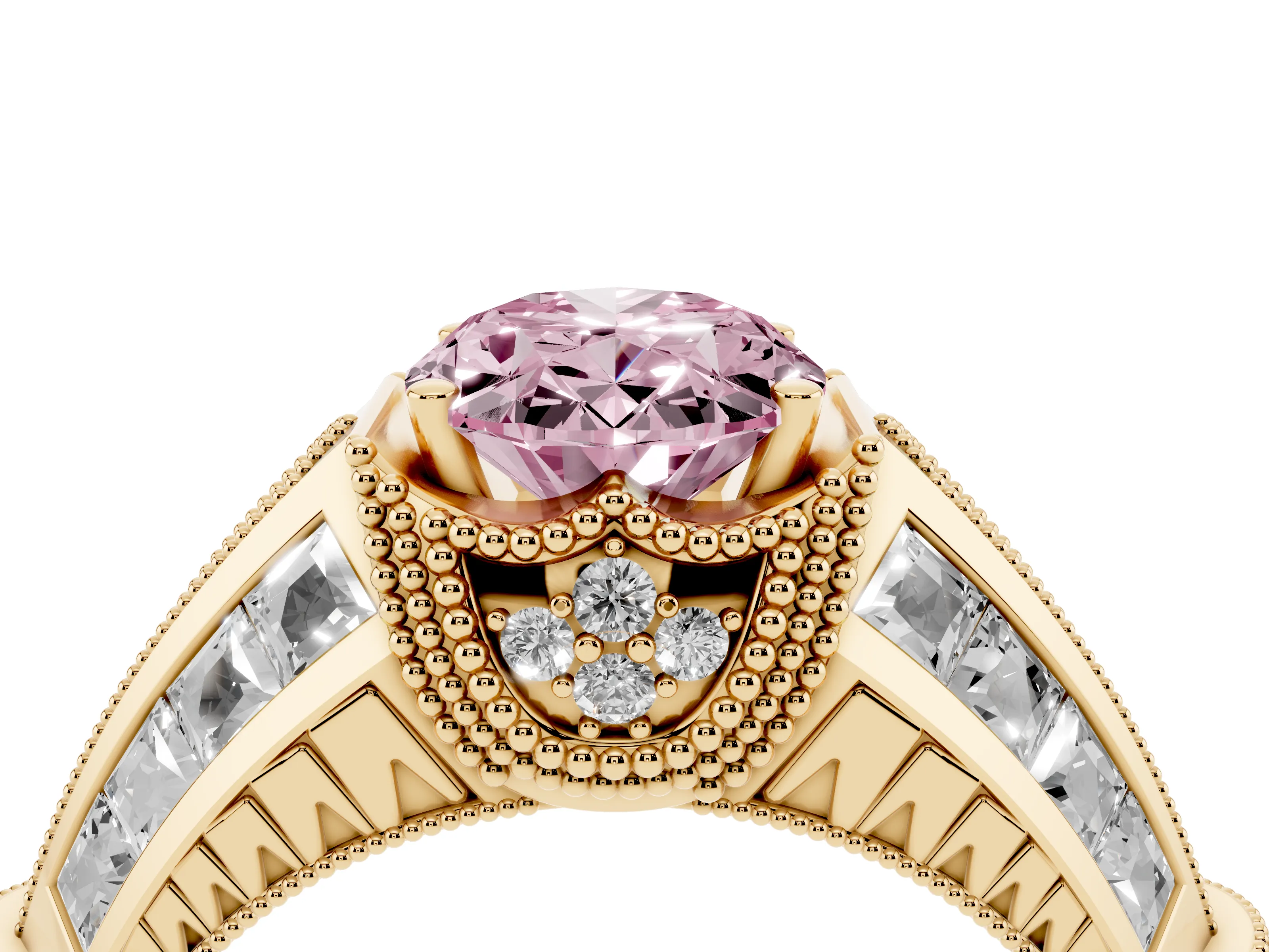 Fancy Pink Oval Cut Diamond Vintage-Inspired Milgrain Ring Set in Yellow gold with Accent Split Shank