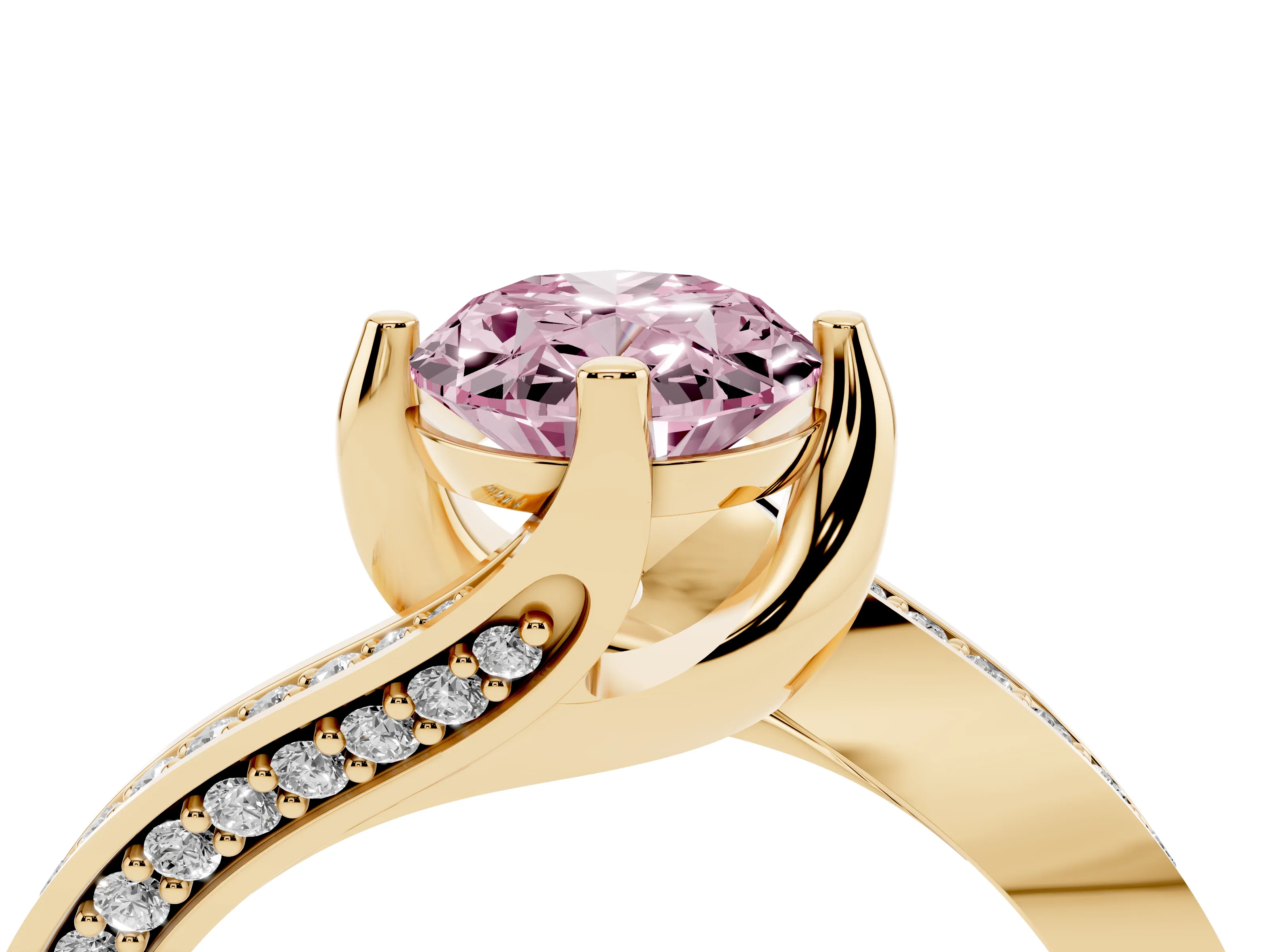 Fancy Pink Oval Cut Diamond Solitaire Ring Set in Yellow gold with Intertwined Pavé Twist Band