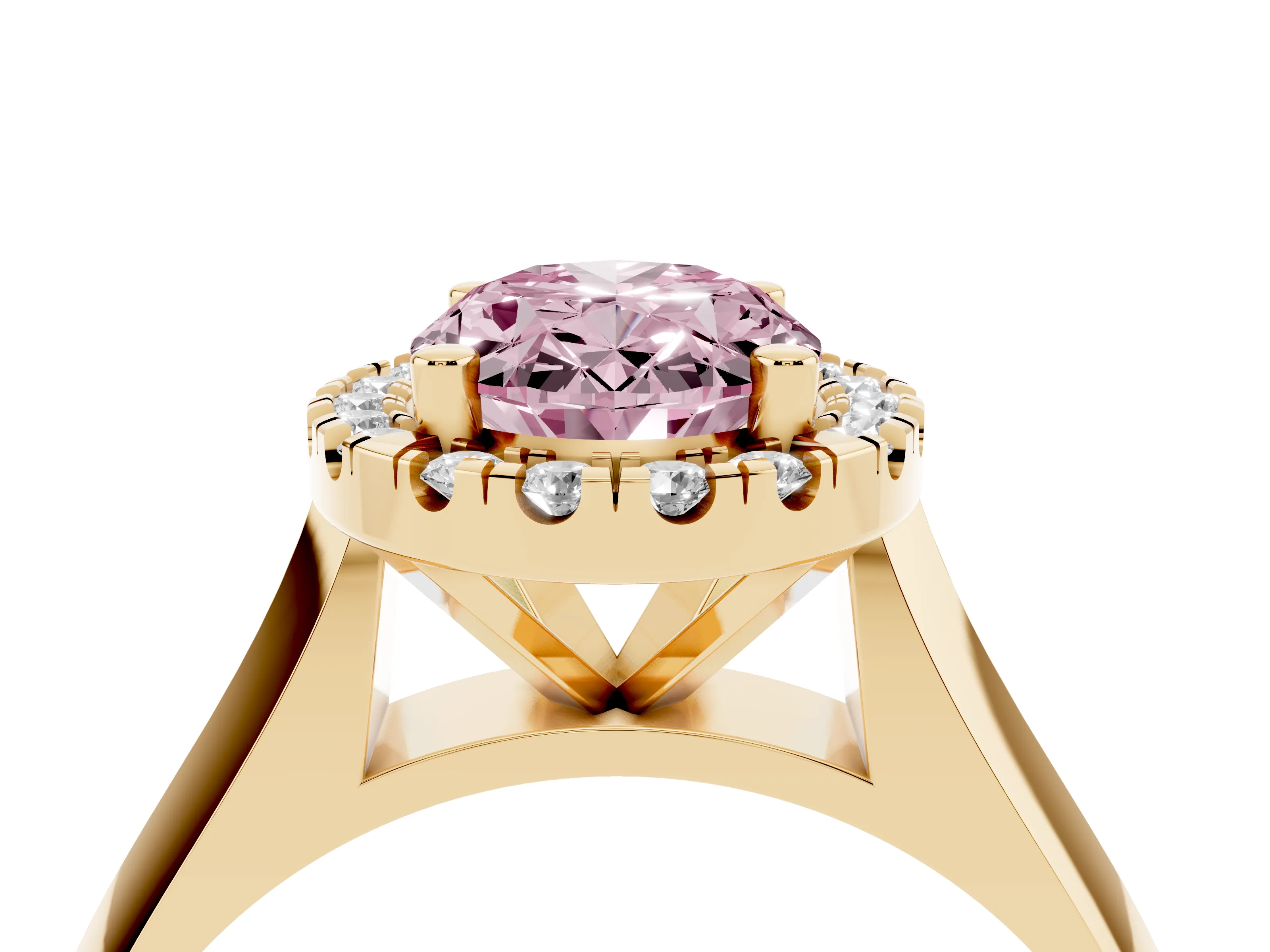 Fancy Pink Oval Cut Diamond Halo Solitaire Engagement Ring Set in Yellow gold with Square Band and Prong Setting