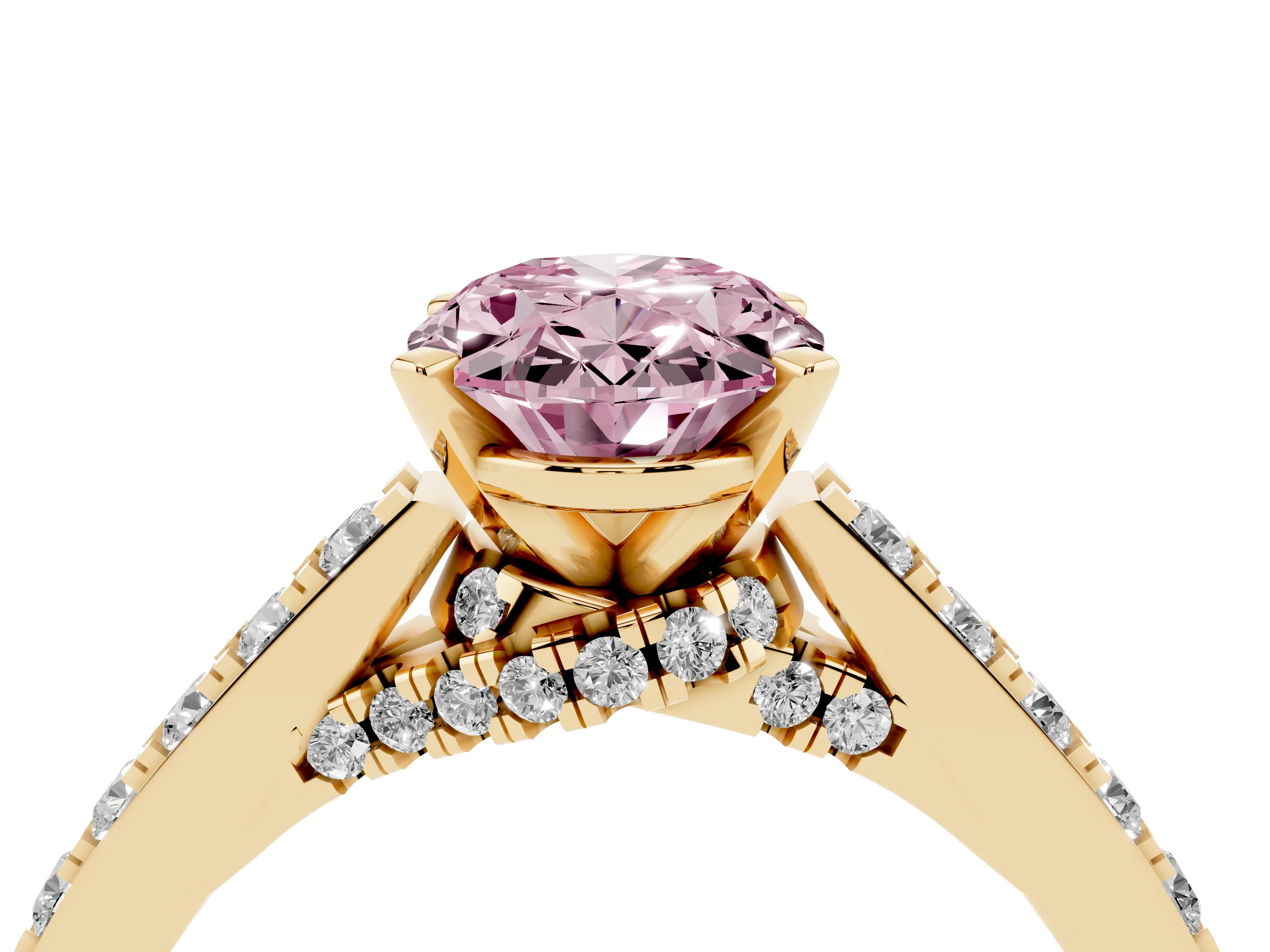 Fancy Pink Oval Cut Diamond Solitaire Ring Set in Yellow gold with Crossover Gallery and Round Pavé Band