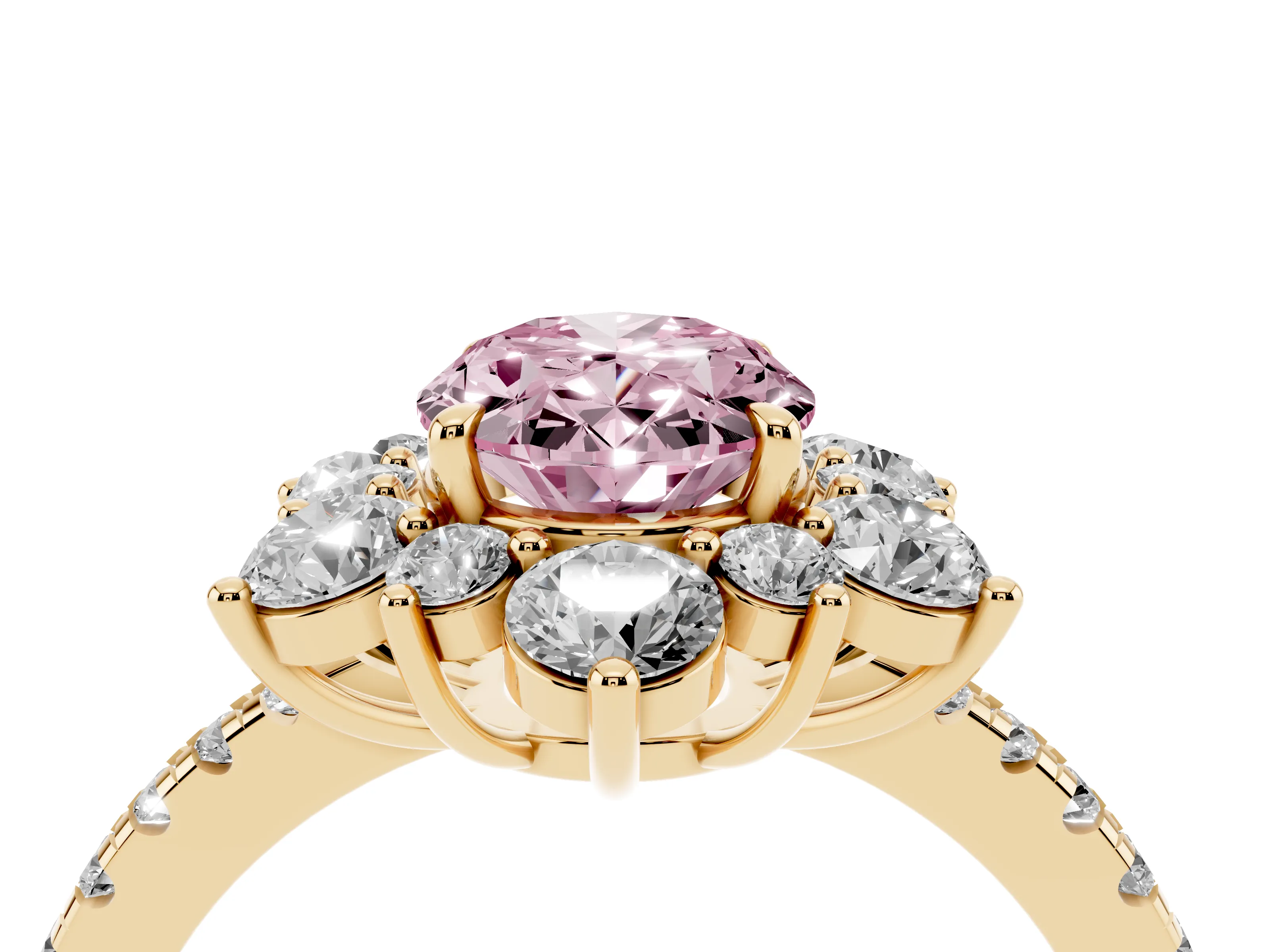 Fancy Pink Oval Cut Diamond Floral Halo Ring Set in Yellow gold with Round Pavé Band and Prong Setting