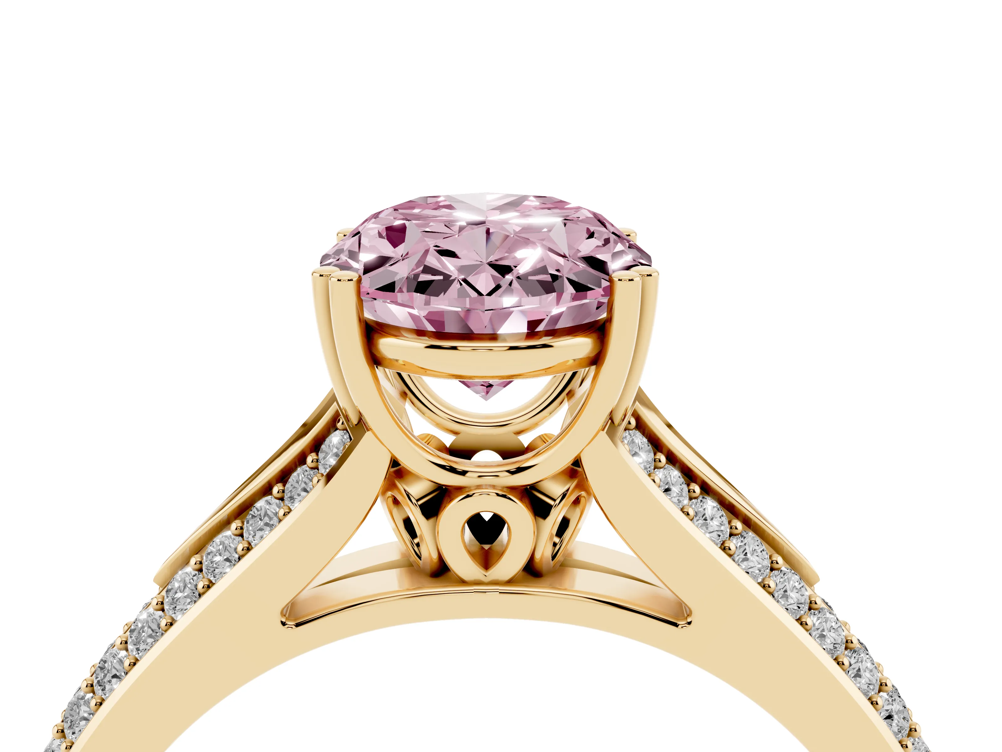 Fancy Pink Oval Cut Diamond Split Shank Pavé Engagement Ring Set in Yellow gold with Prong-Set Center Stone