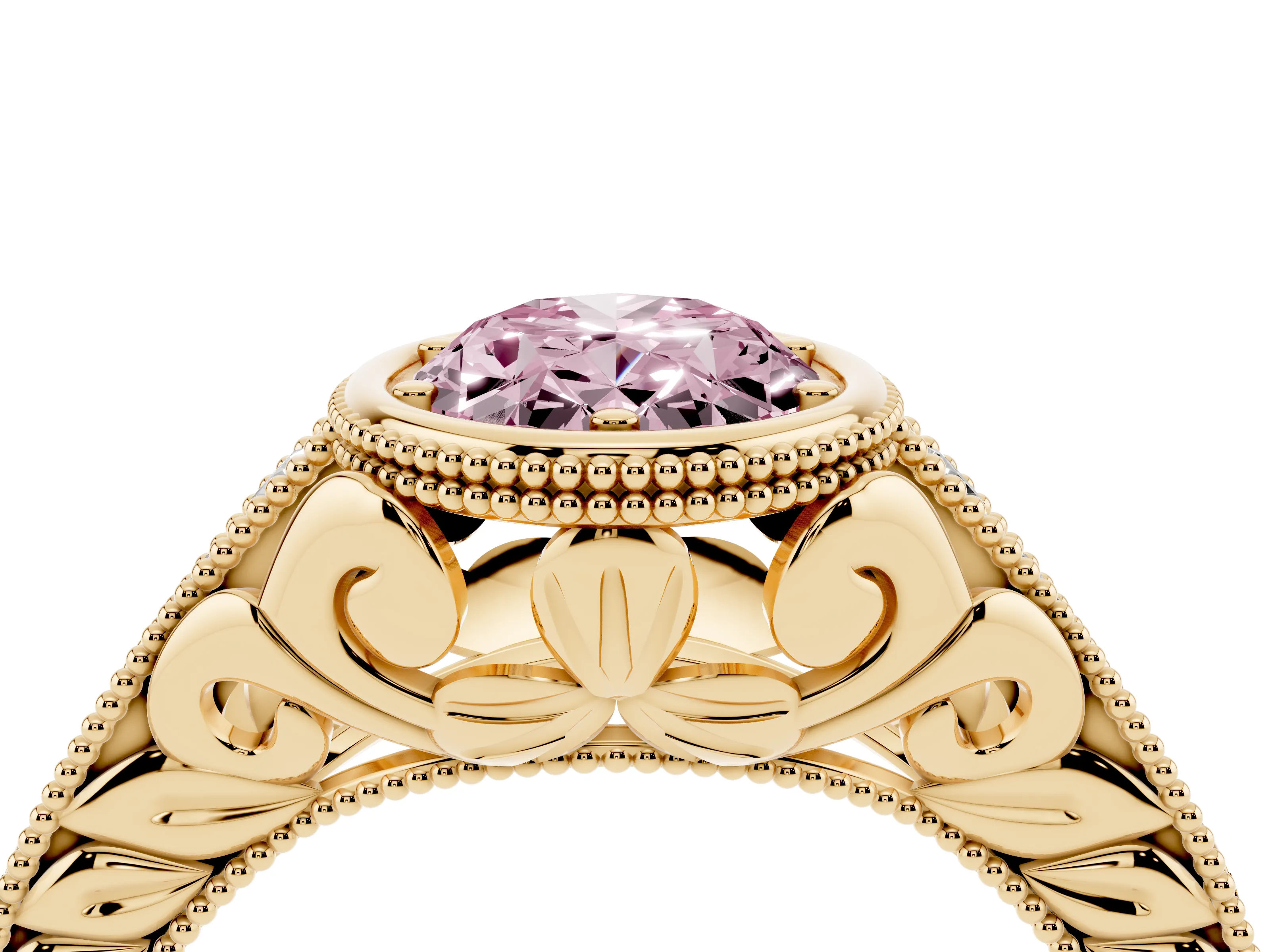 Fancy Pink Bezel Set Oval Cut Diamond Milgrain Pavé Engagement Ring Set in Yellow gold