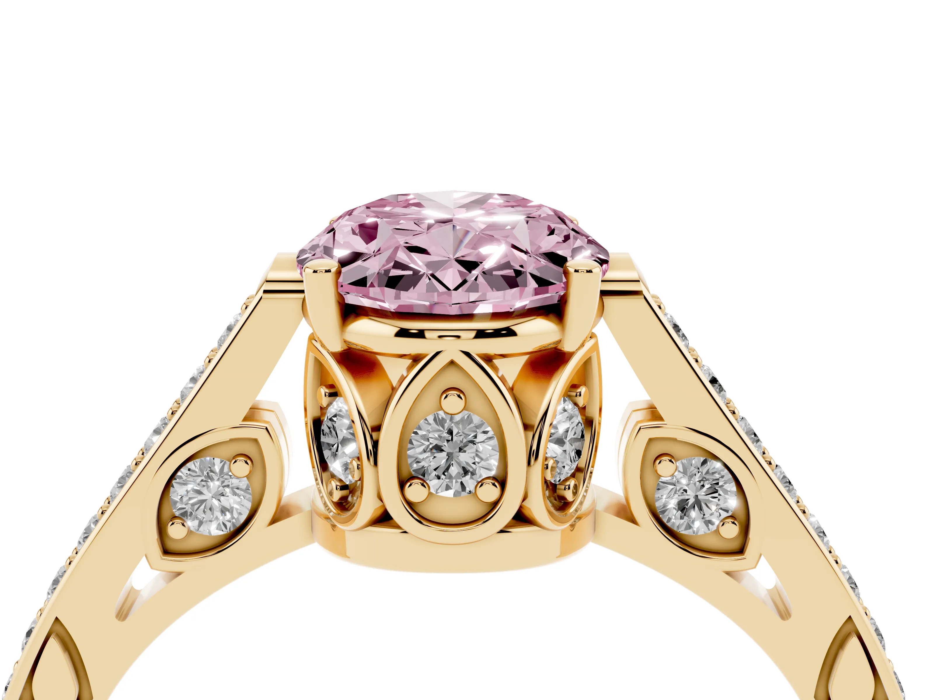Fancy Pink Oval Cut Diamond Cathedral Pavé Engagement Ring Set in Yellow gold with Prong Setting