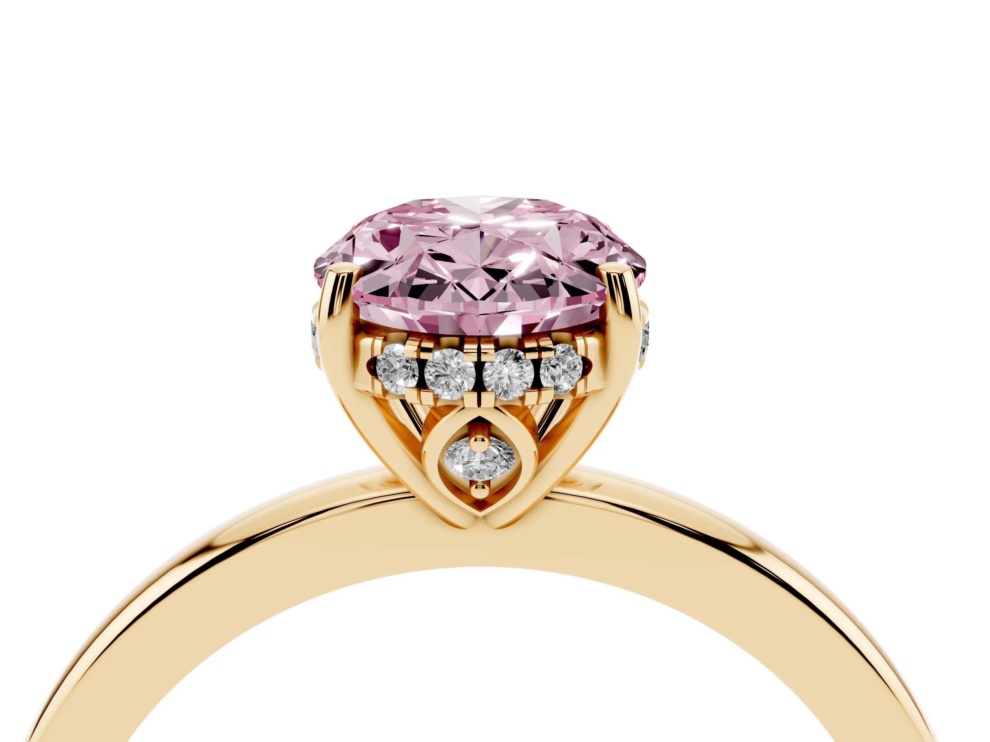 Fancy Pink Oval Cut Diamond Solitaire Ring Set in Yellow gold with Plain Band and Prong Setting
