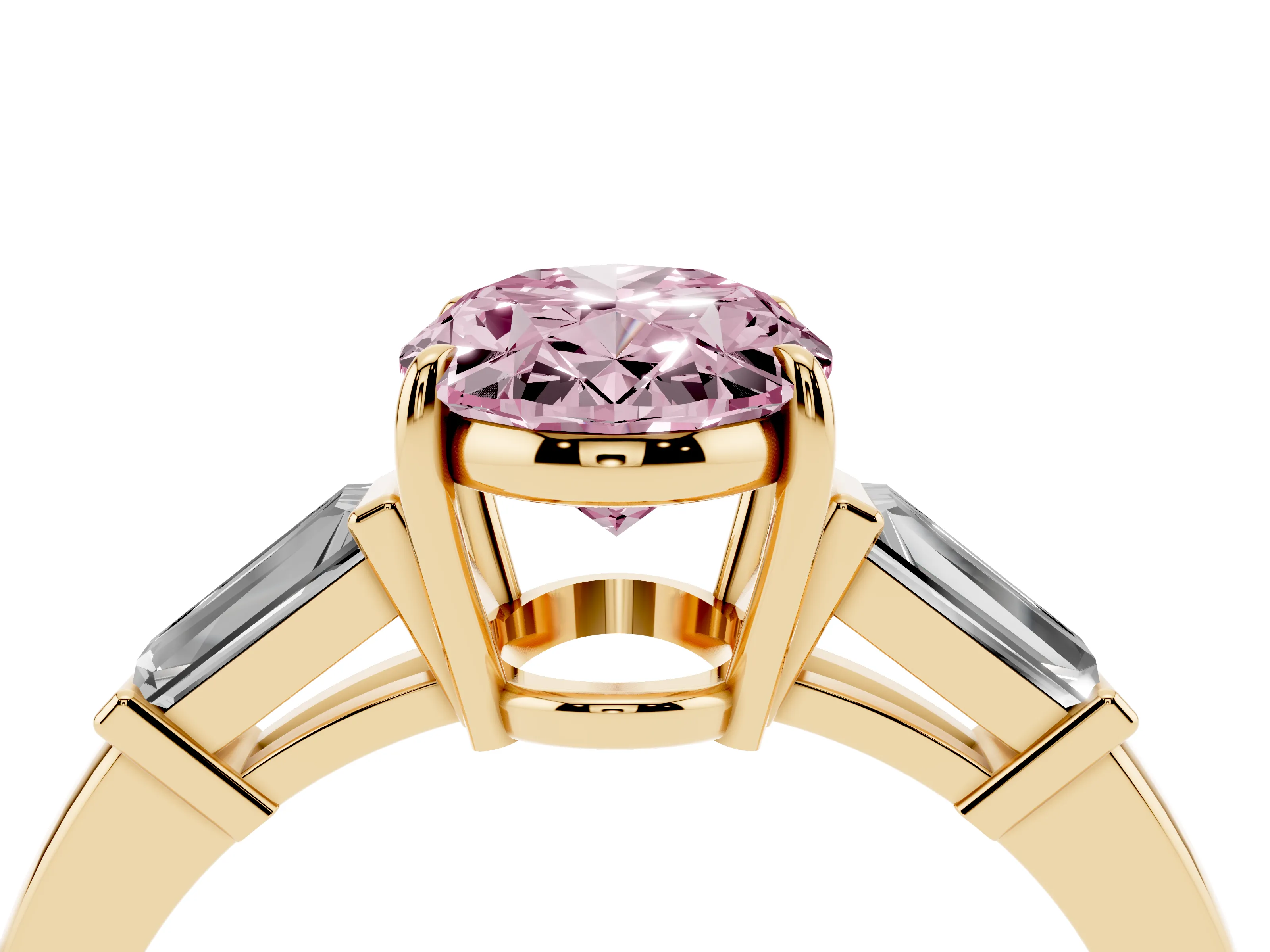 Fancy Pink Oval Cut Diamond Three-Stone Ring Set in Yellow gold with Tapered Baguette Side Stones and Prong Setting