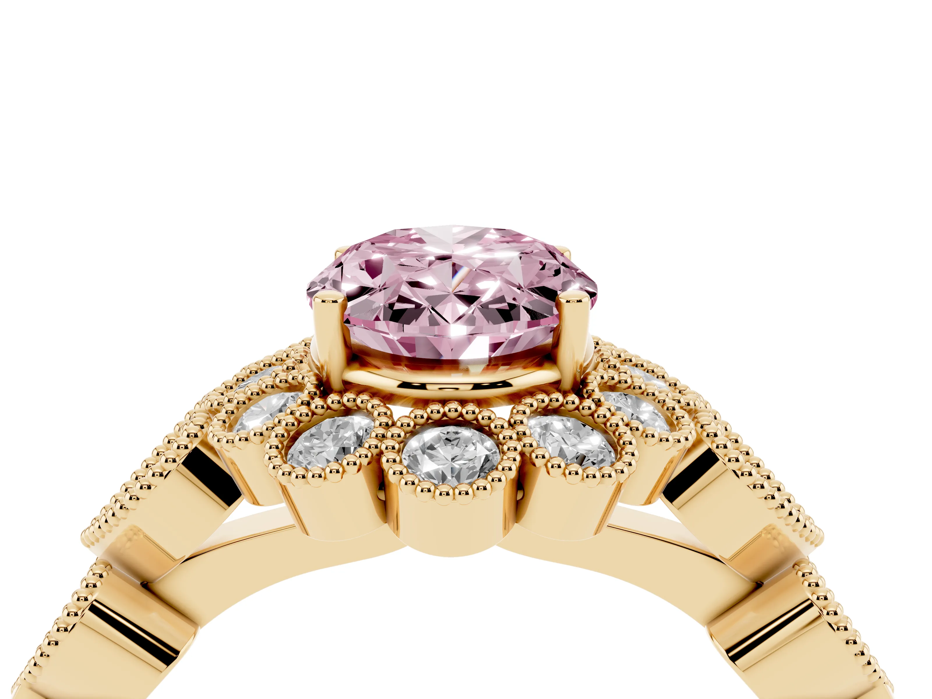 Fancy Pink Oval Cut Diamond Solitaire Ring Set in Yellow gold with Milgrain Pavé Heart Band